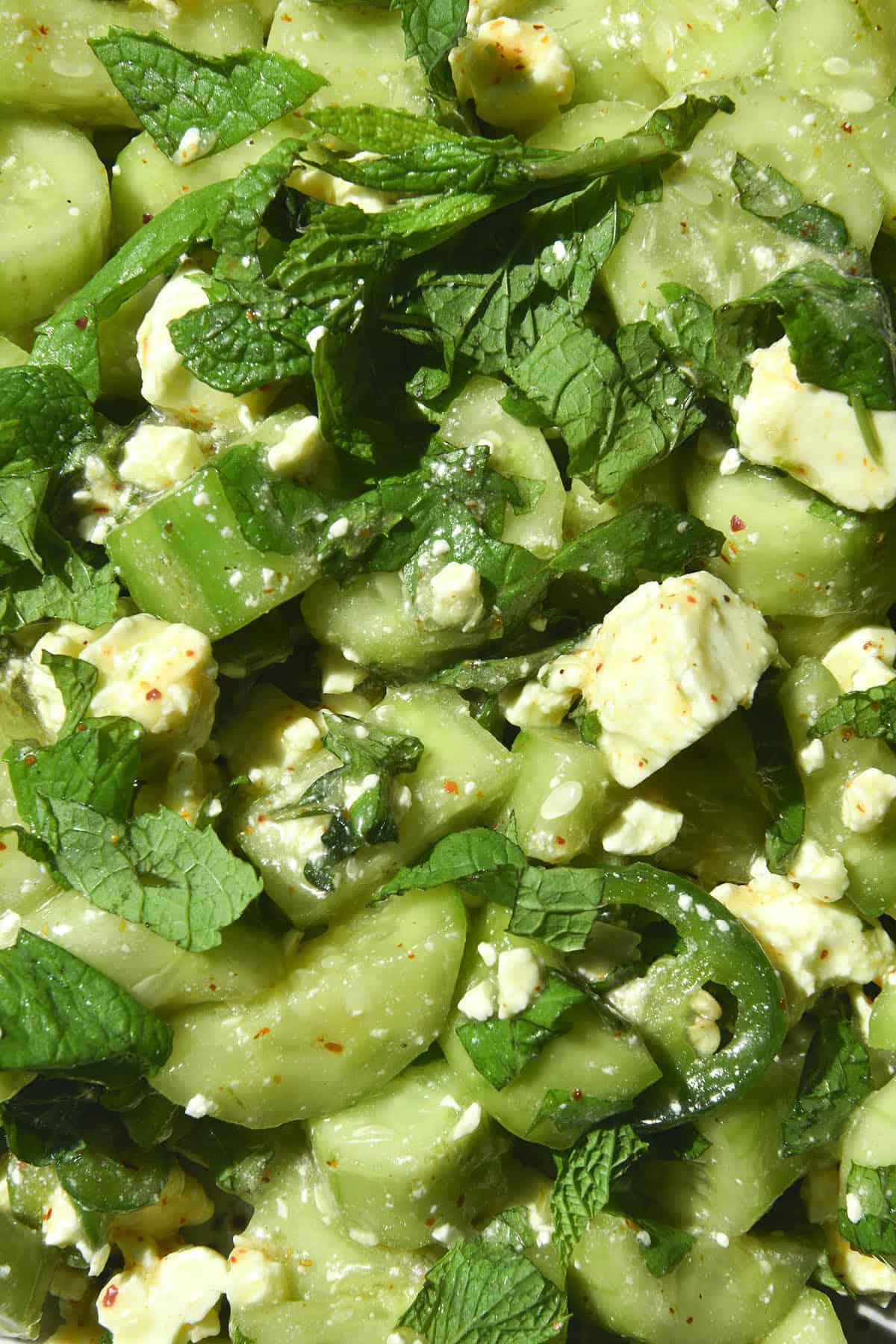 An aerial macro image of a cucumber and tajin salad with feta, mint and a lime and maple syrup dressing. 