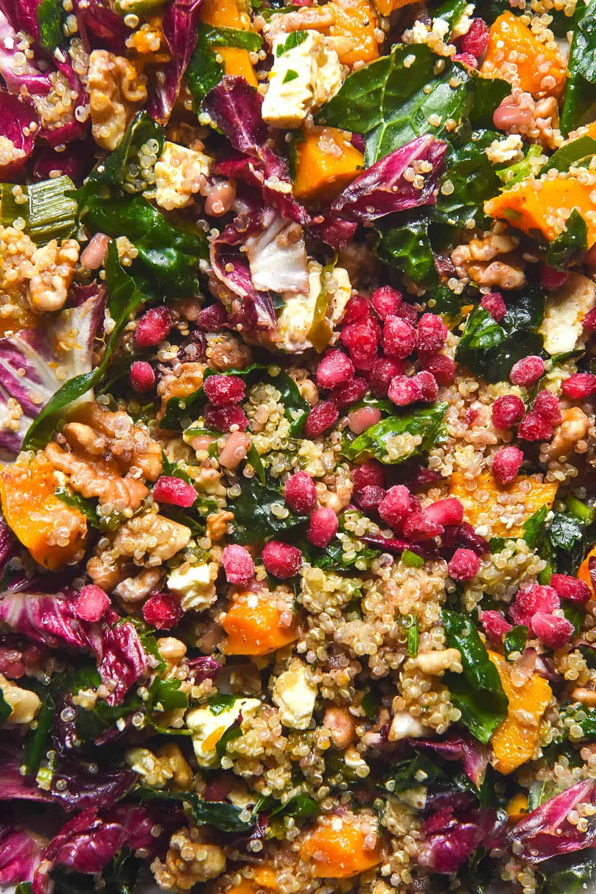 An aerial macro image of a roast pumpkin, quinoa, feta and kale salad topped with pomegranates and walnuts. 