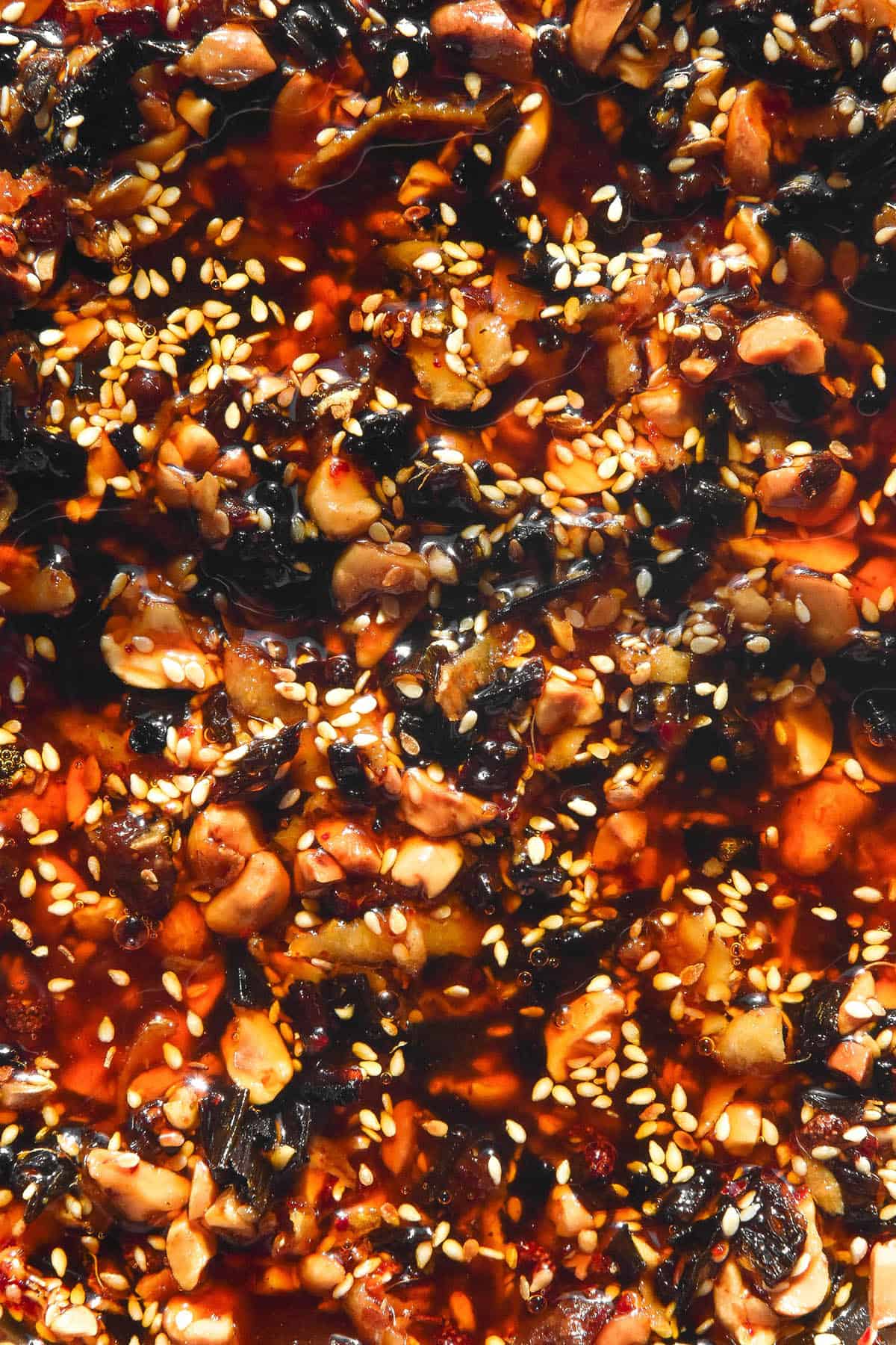 A macro close up of low FODMAP chilli crisp