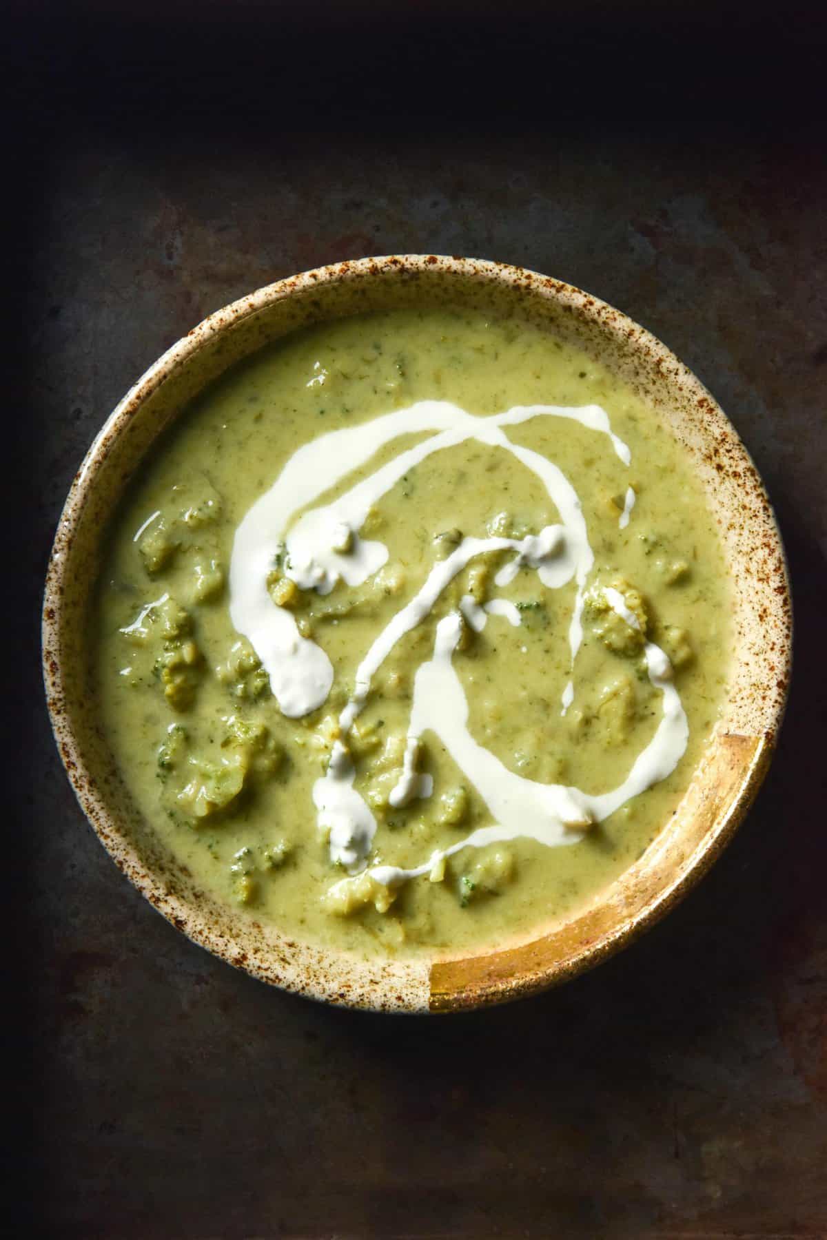 An aerial image of a beige speckled ceramic bowl of low FODMAP broccoli cheddar soup on a dark steel backdrop