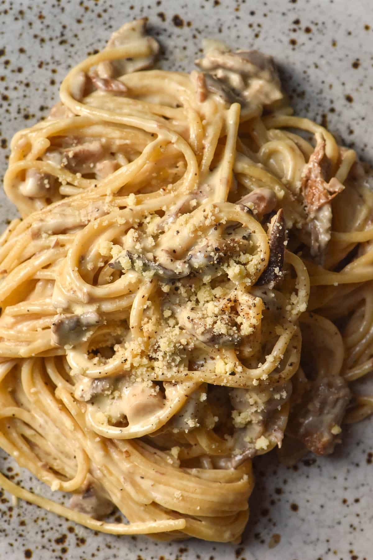 An aerial image of a white speckled ceramic plate topped with creamy low FODMAP mushroom spaghetti.