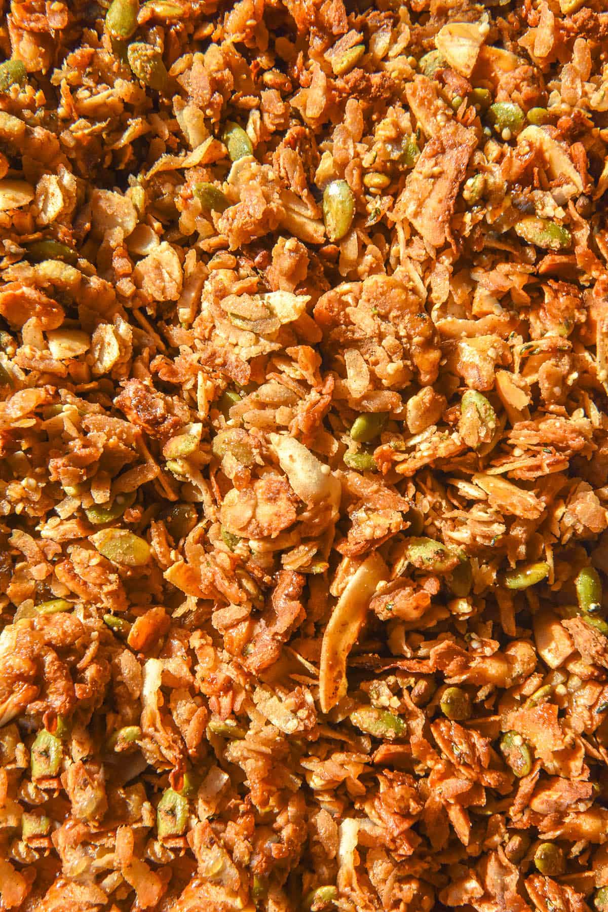 An aerial macro image of gluten free granola on a baking tray