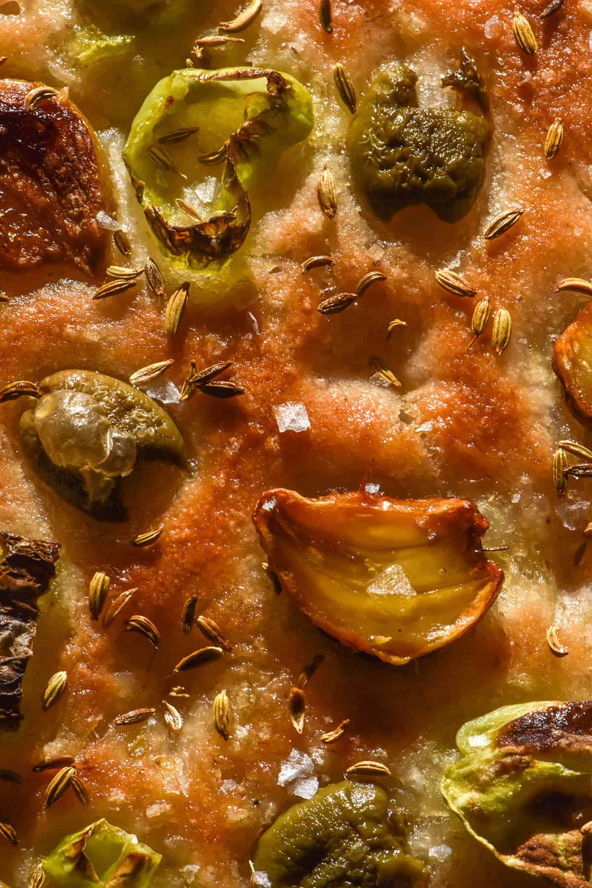An aerial macro image of a golden brown gluten free focaccia topped with pickled roasted garlic, olives, pickled peppers and fennel seeds.