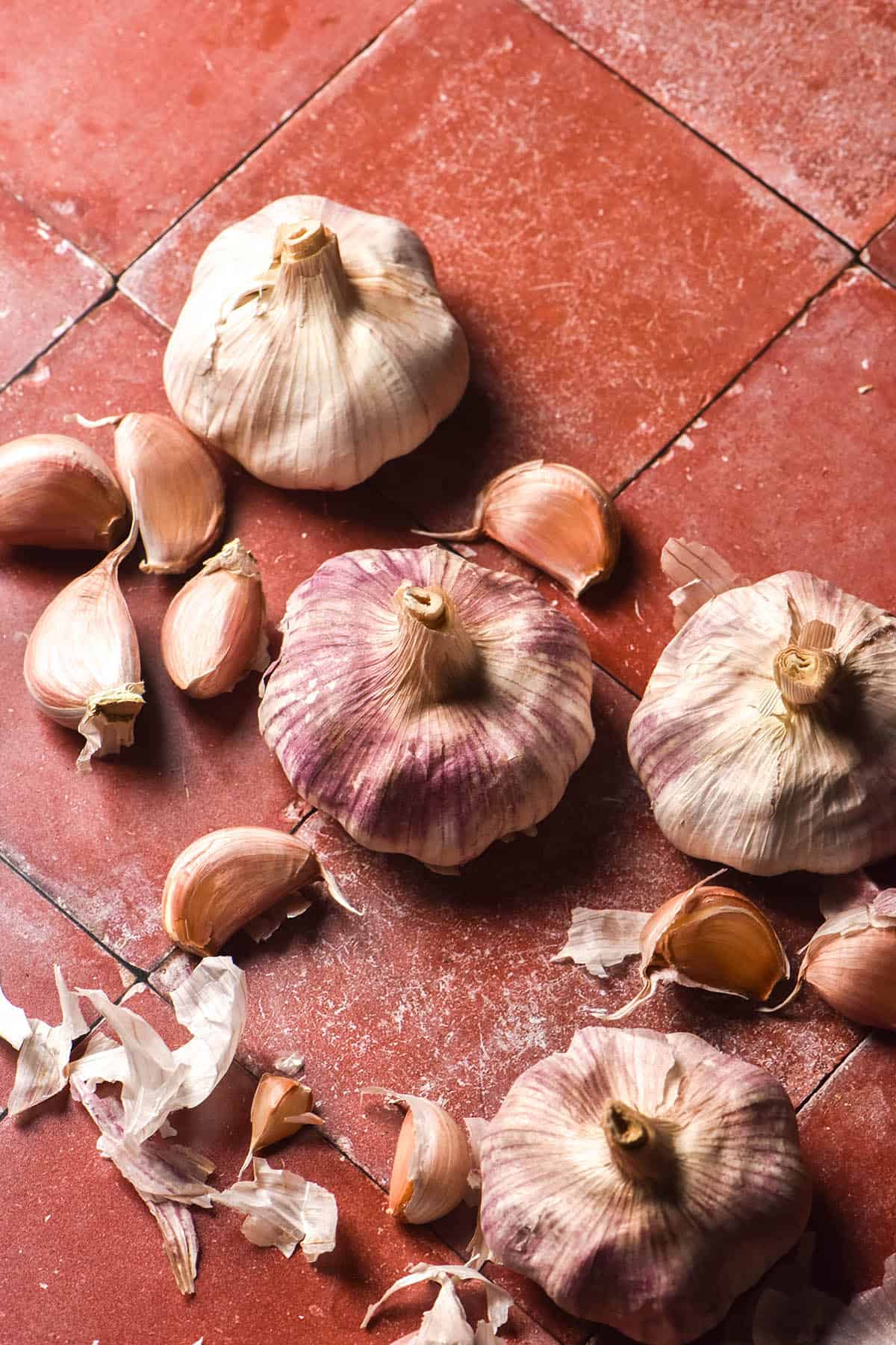 An aerial image of purple and white heads and cloves of garlic arranged casually on a terracotta tile backdrop