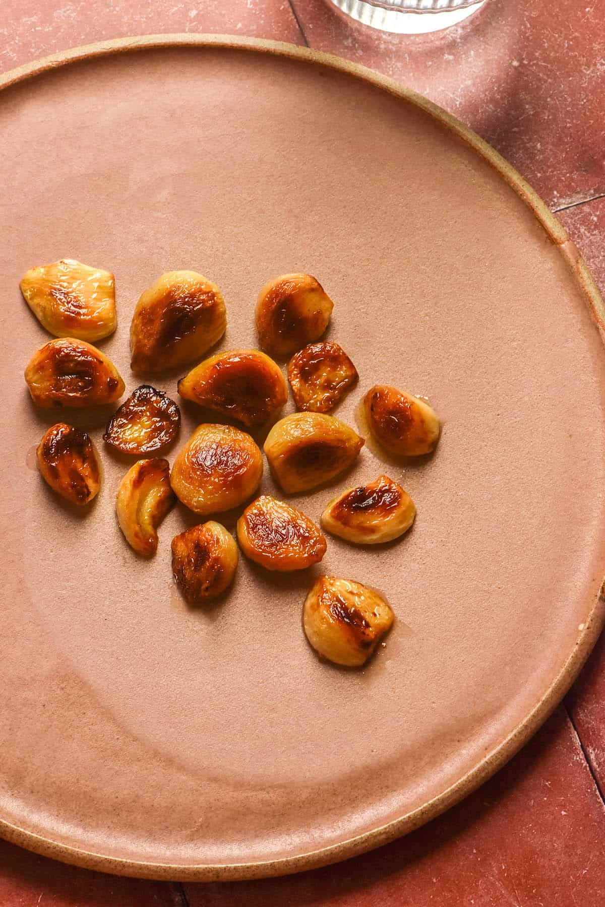An aerial image of pickled and roasted garlic cloves on a pale pink plate atop a terracotta tile backdrop