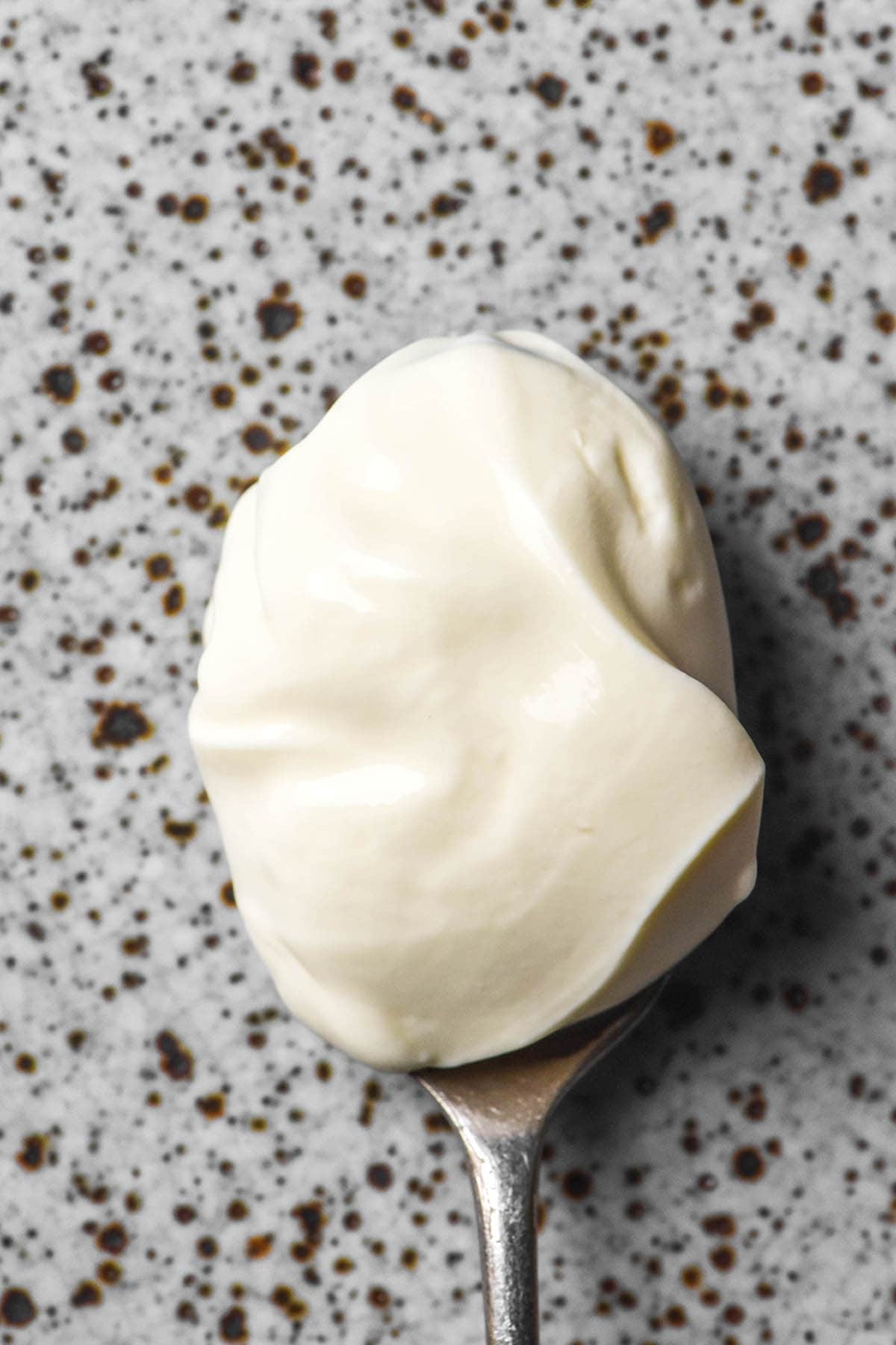 An aerial image of a spoon of lactose free sour cream atop a white speckled ceramic plate