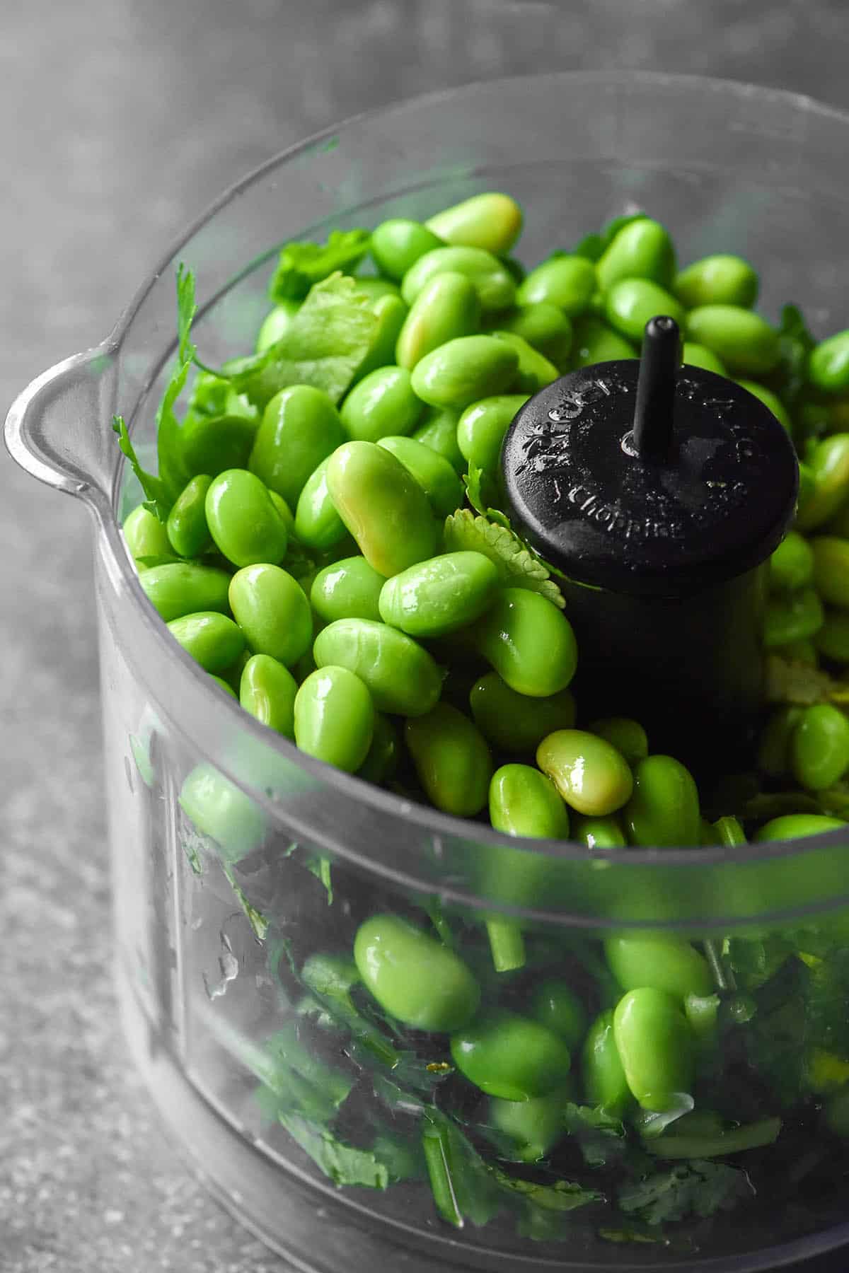 A macro image of edamame beans and herbs in a mini food processor against a grey backdrop