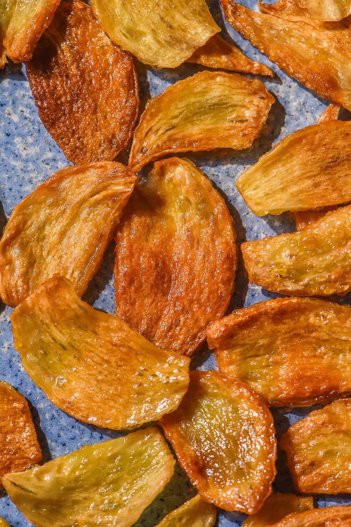 An aerial image of golden brown low FODMAP garlic chips on a bright blue ceramic plate