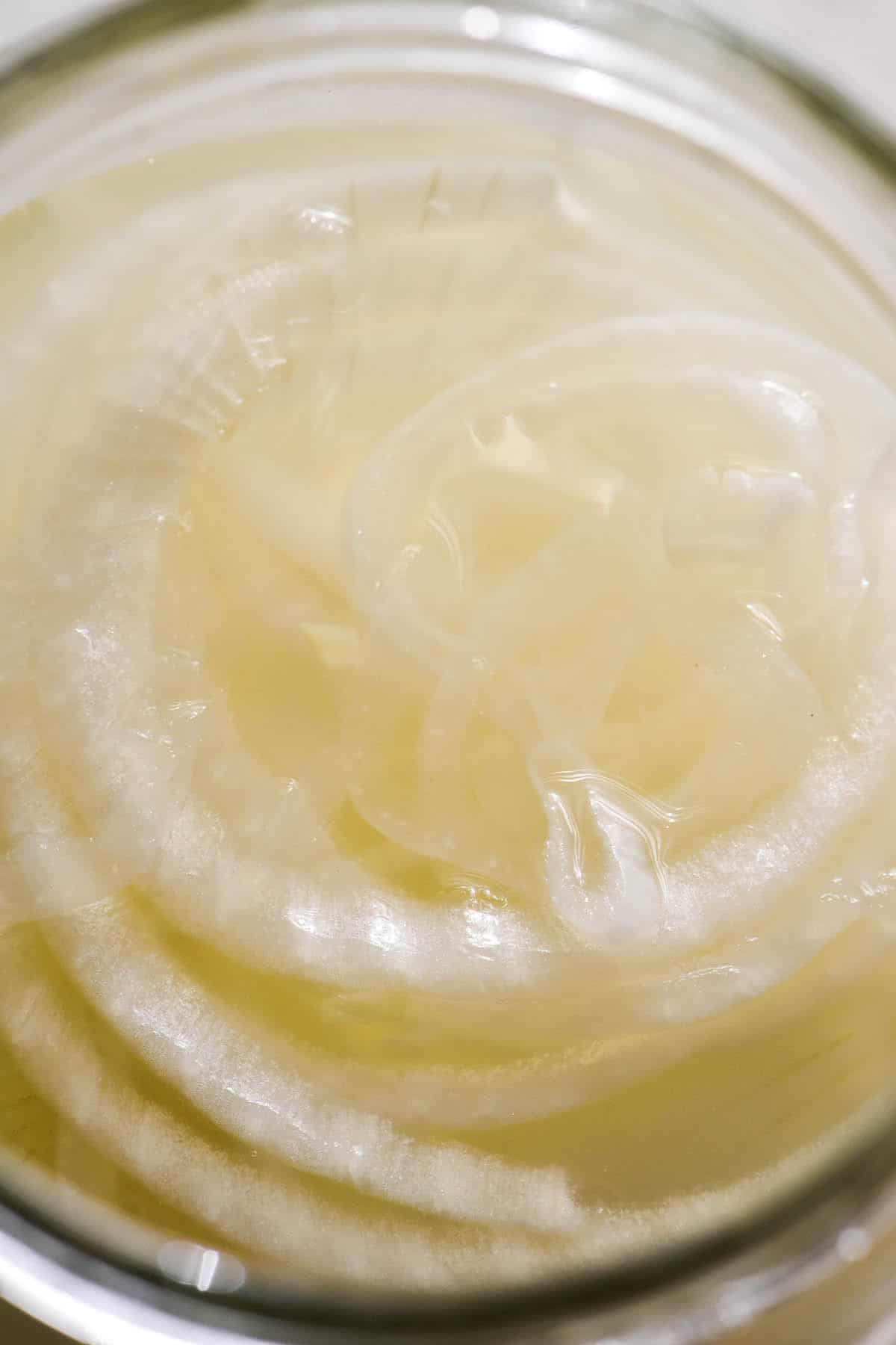 A macro aerial image of rings of pickled Spanish onion in a jar