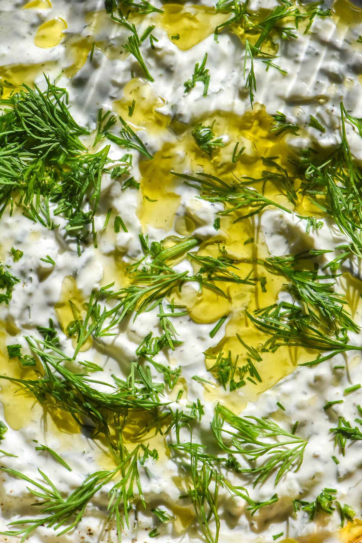 A close up macro image of low FODMAP tzatziki topped with chopped fresh dill and plenty of olive oil