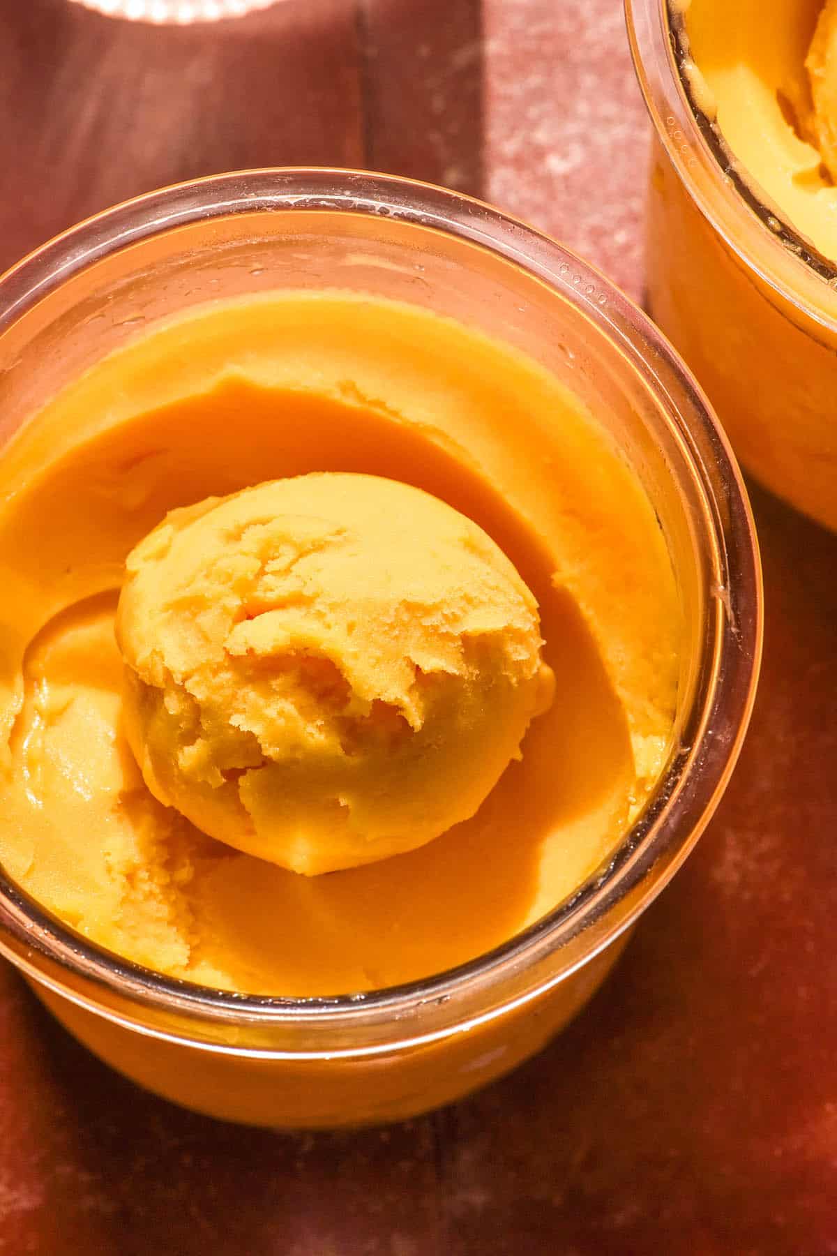 A brightly lit aerial image of a kombucha and mango Ninja Creami on a terracotta tile backdrop