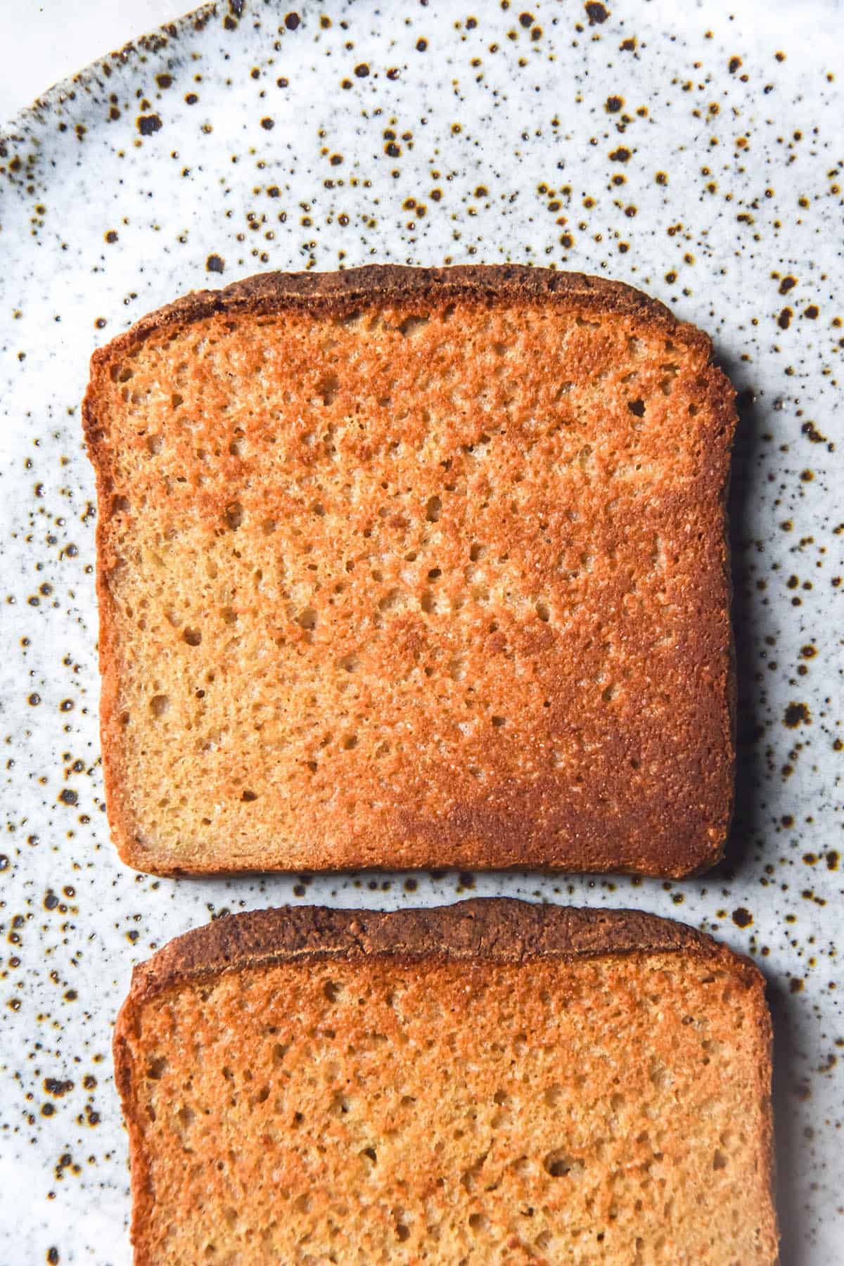 An aerial image of two slices of gluten free quinoa bread toast on a white speckled ceramic plate