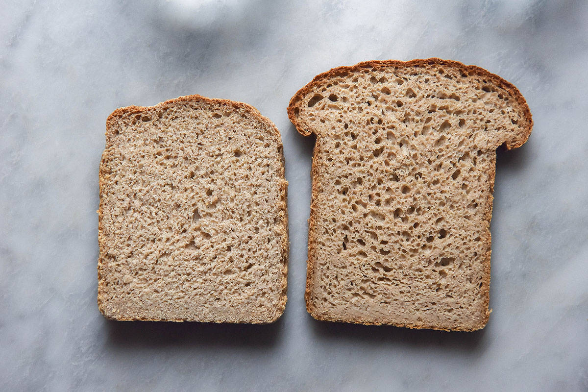 A comparison image of two slices of gluten free sorghum bread on a white marble table