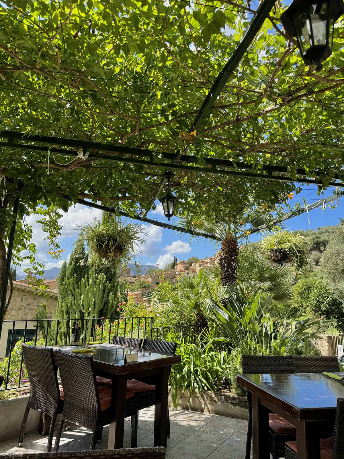 The view of lush greenery and mountains from Restaurant Es Turo in Fornalutx, Mallorca