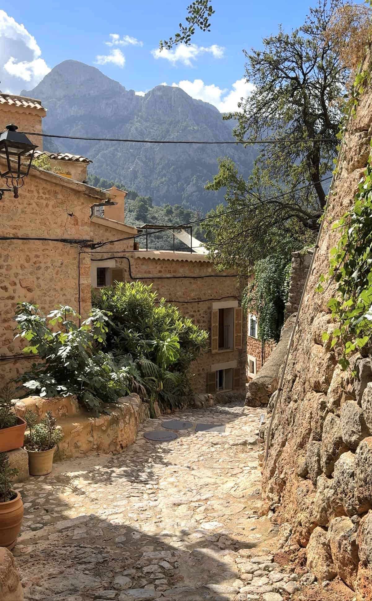 An image of a leafy alleyway in Fornalutx, Mallorca. The tan stone houses and cobblestones are set against a bright blue sky and mountainous backdrop