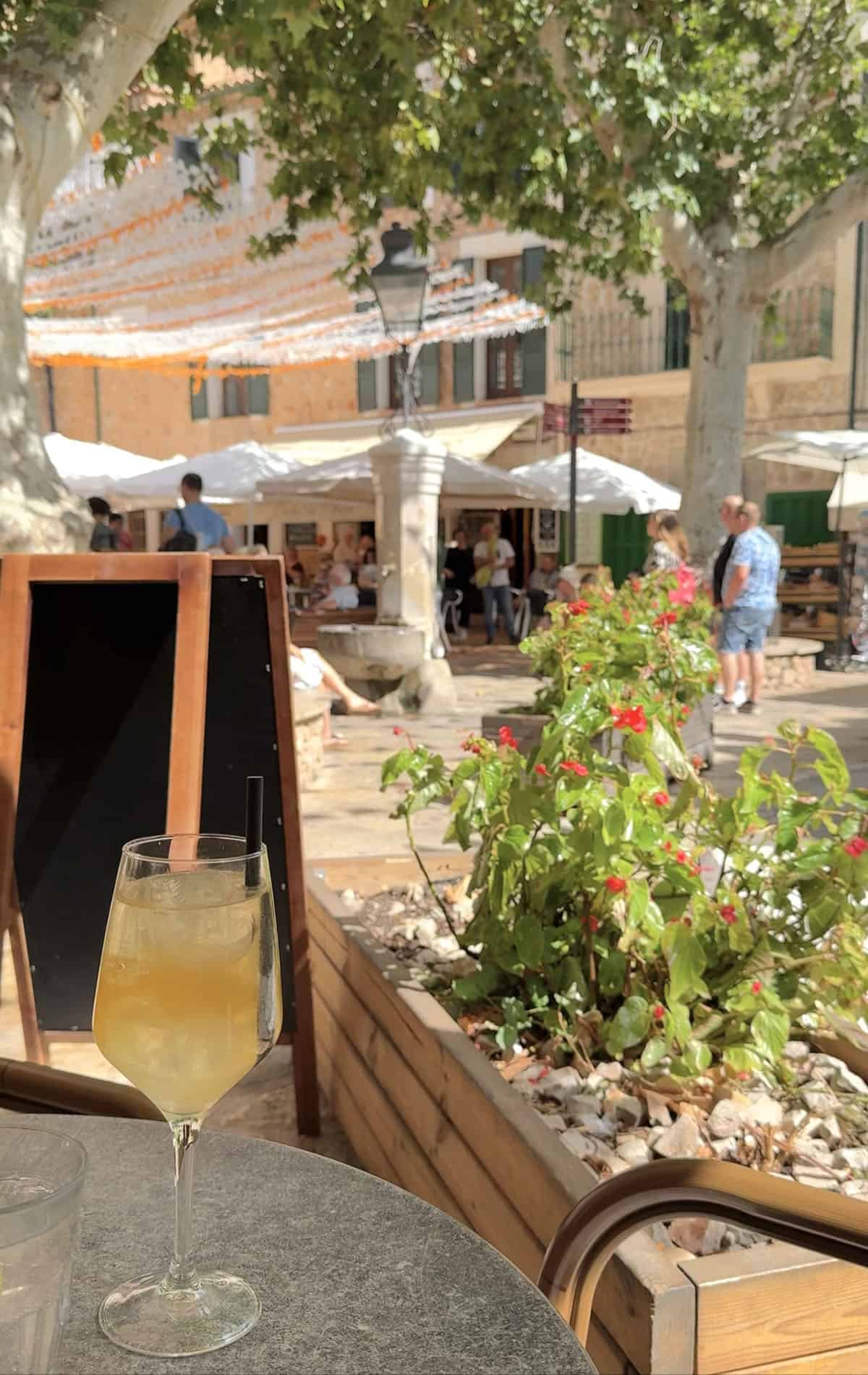 An image of a spritz in Placa Espana, Fornalutx, Mallorca