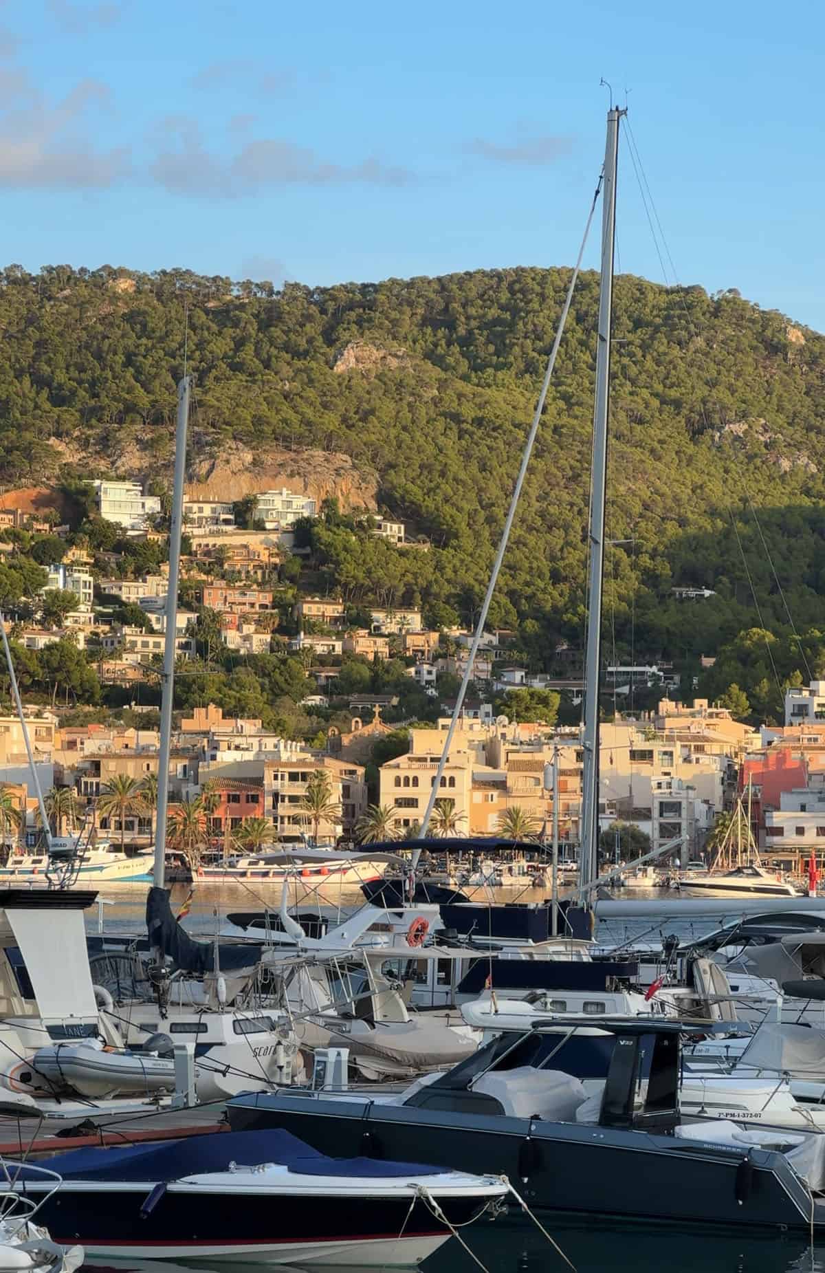 An image of Port D'Andratx at golden hour with the boats in the foreground and restaurants in the background