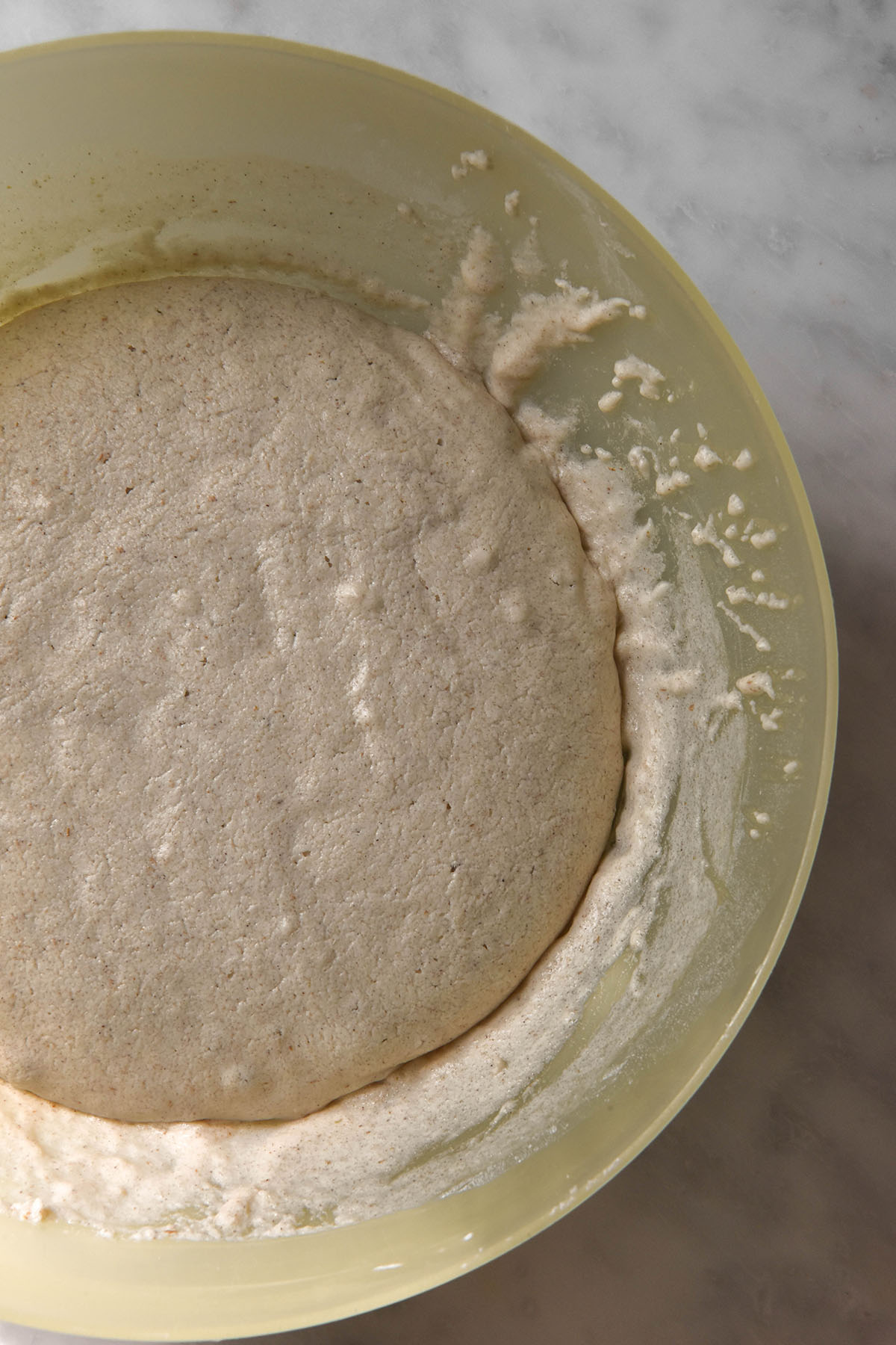 An aerial image of the ideal dough consistency for your gluten free ciabatta after it has proofed