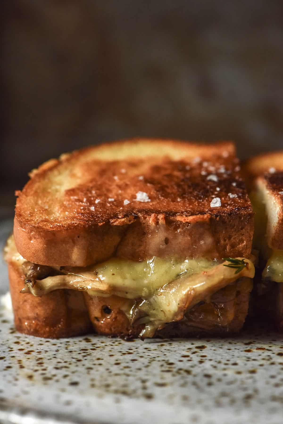 A side on image of a gluten free caramelised onion and mushroom grilled cheese against a dark moody backdrop