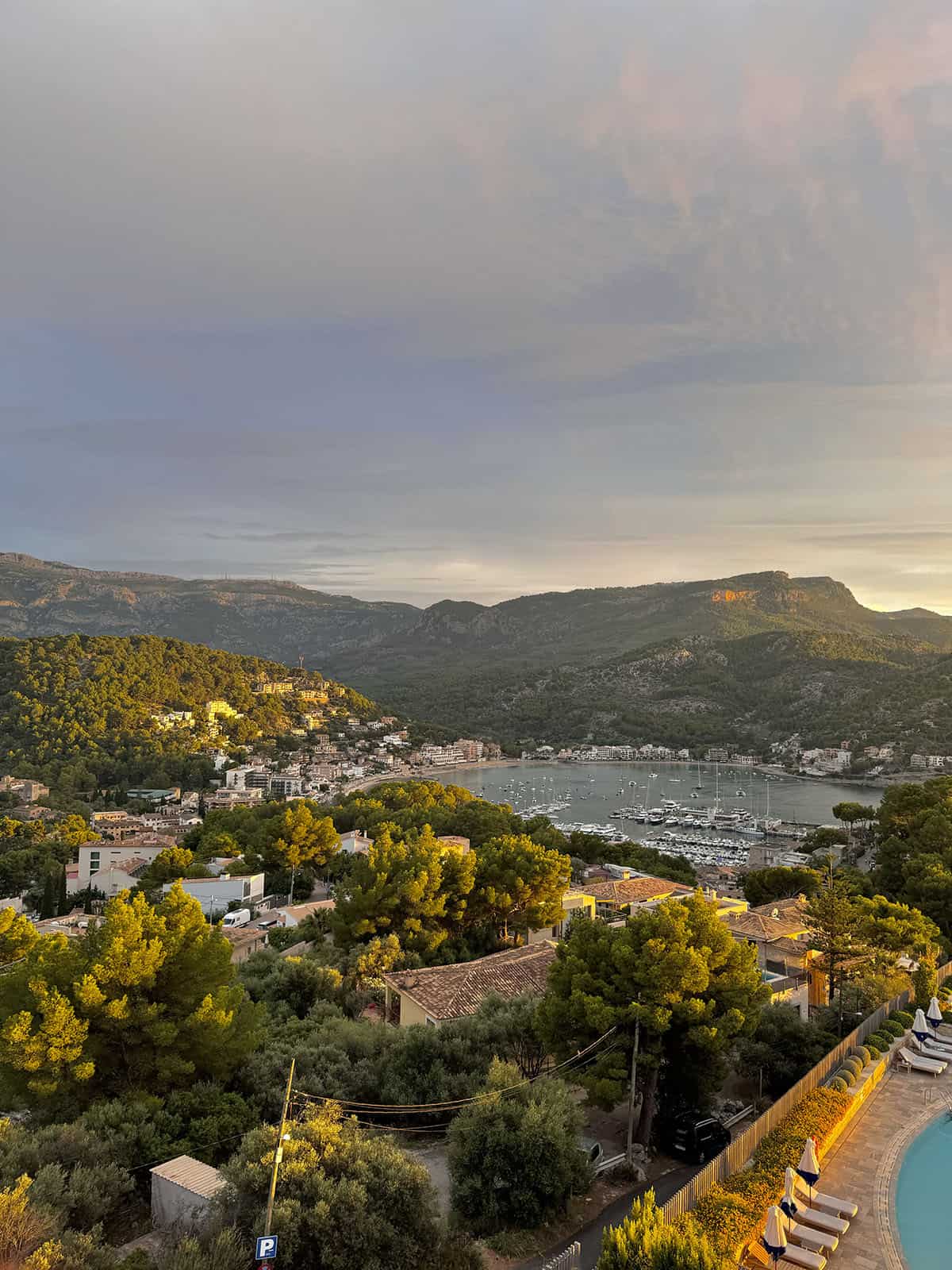 A sunset view of Port De Soller as seen from Juimerah Sunset Lounge