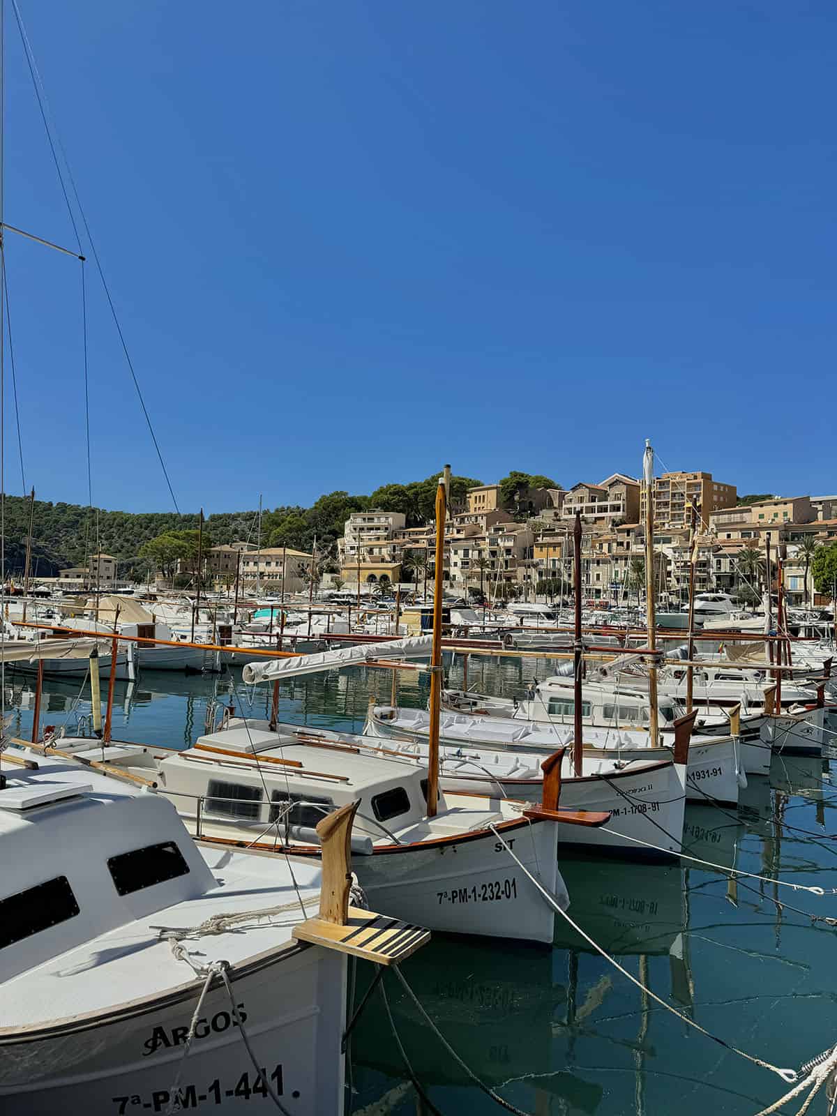 An image of the boats in Port De Soller on a sunny, blue skied day