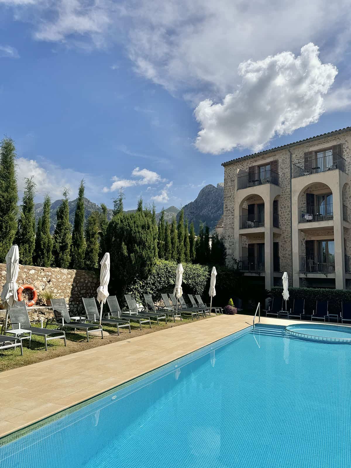 The pool area at Hotel Ca'l Bisbe in Soller, Deia