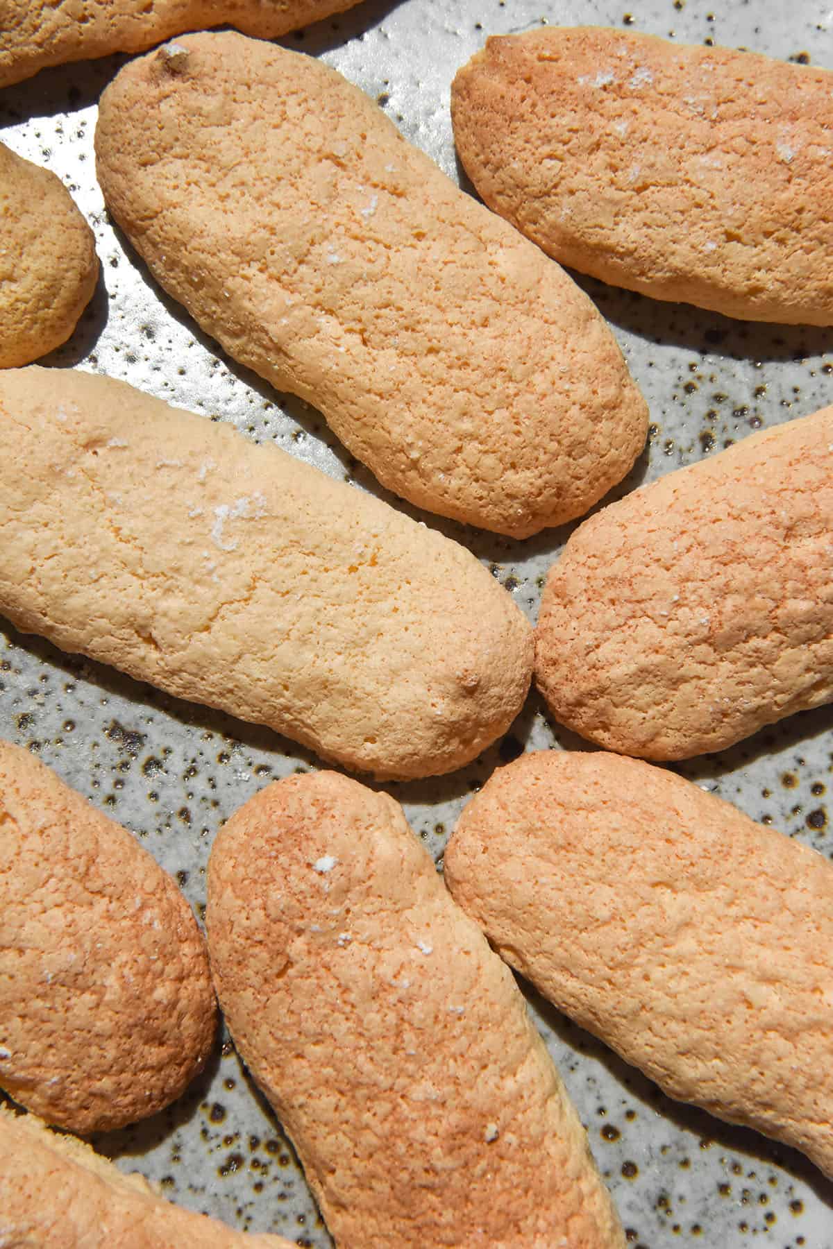 An aerial sunlit image of gluten free savoiardi on a white speckled ceramic plate