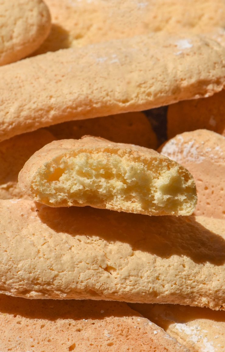 A macro close up image of gluten free savoiardi in bright sunlight. The central savoiardi has been bitten into, revealing the fluffy inner crumb