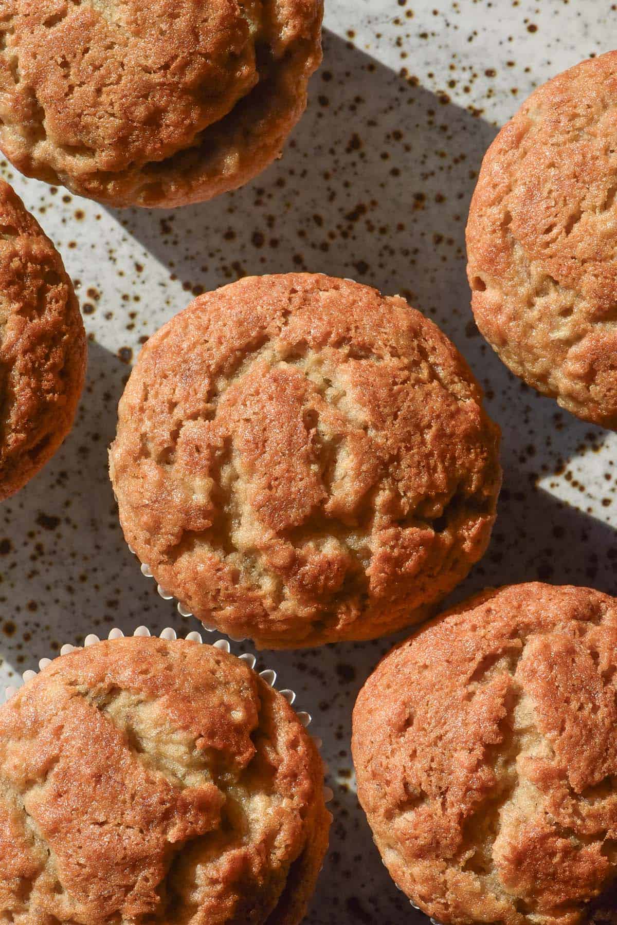 A sunlit aerial image of gluten free vegan banana muffins on a white speckled ceramic plate