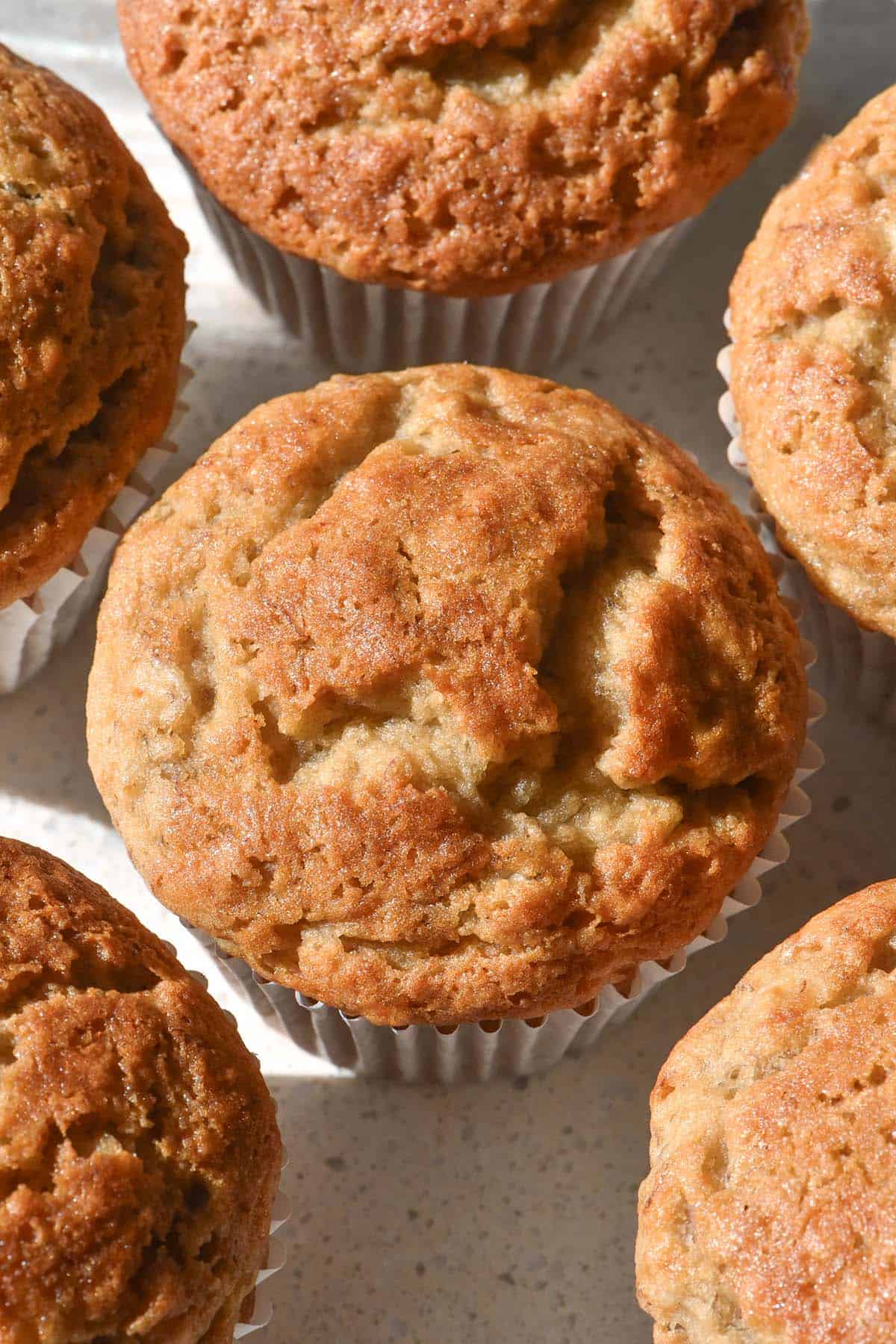 An aerial image of gluten free vegan banana muffins atop a white speckled ceramic plate