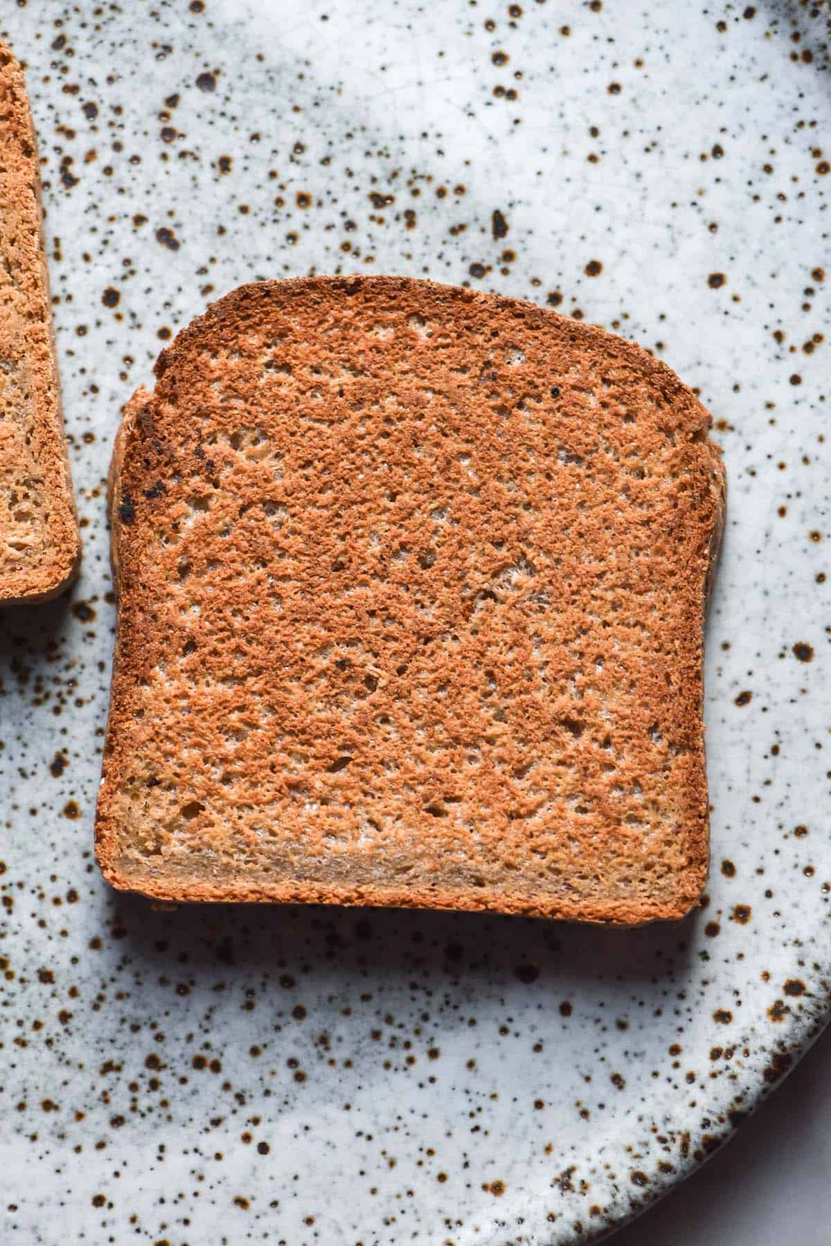 An aerial image of a slice of toasted gluten free oat bread on a white speckled ceramic plate atop a white marble table