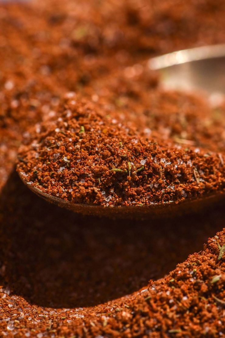 A close up macro image of a spoon of low FODMAP jerk seasoning resting on a pile of extra seasoning