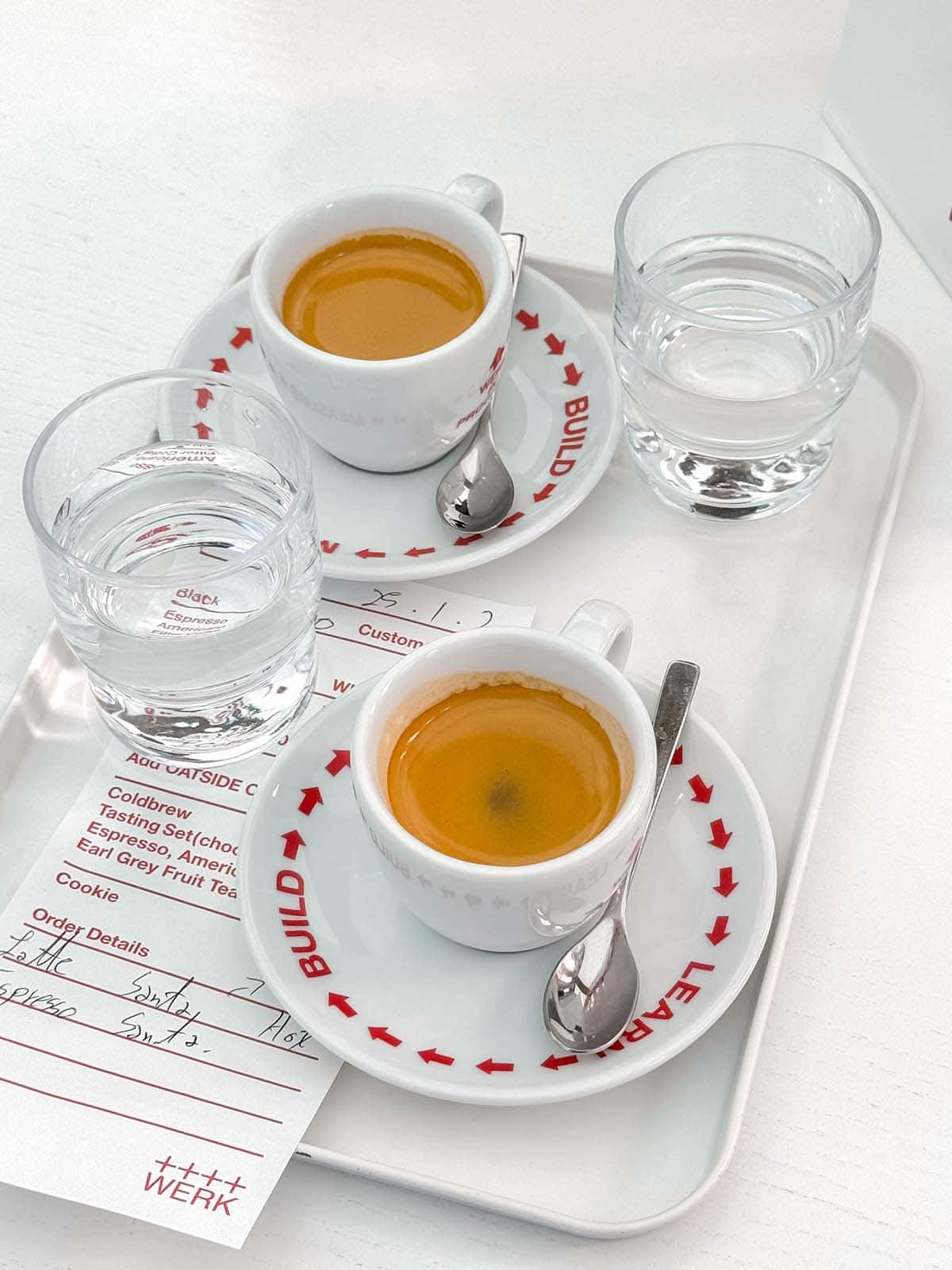 A side on image of two espressos at Werk Coffee Roasters in Busan, South Korea