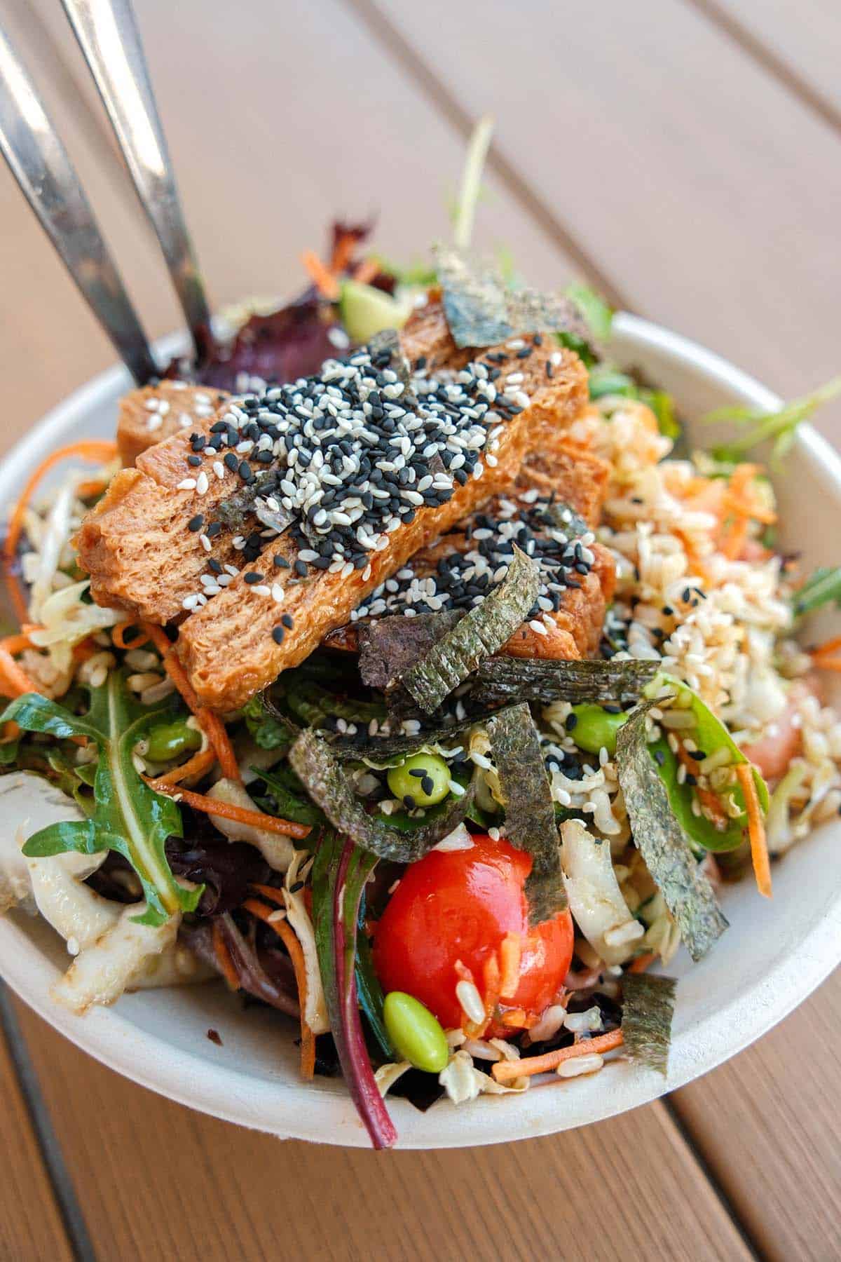 An aerial image of a salad bowl from Heirloom Wholefoods in Peregian Beach on the Sunshine Coast