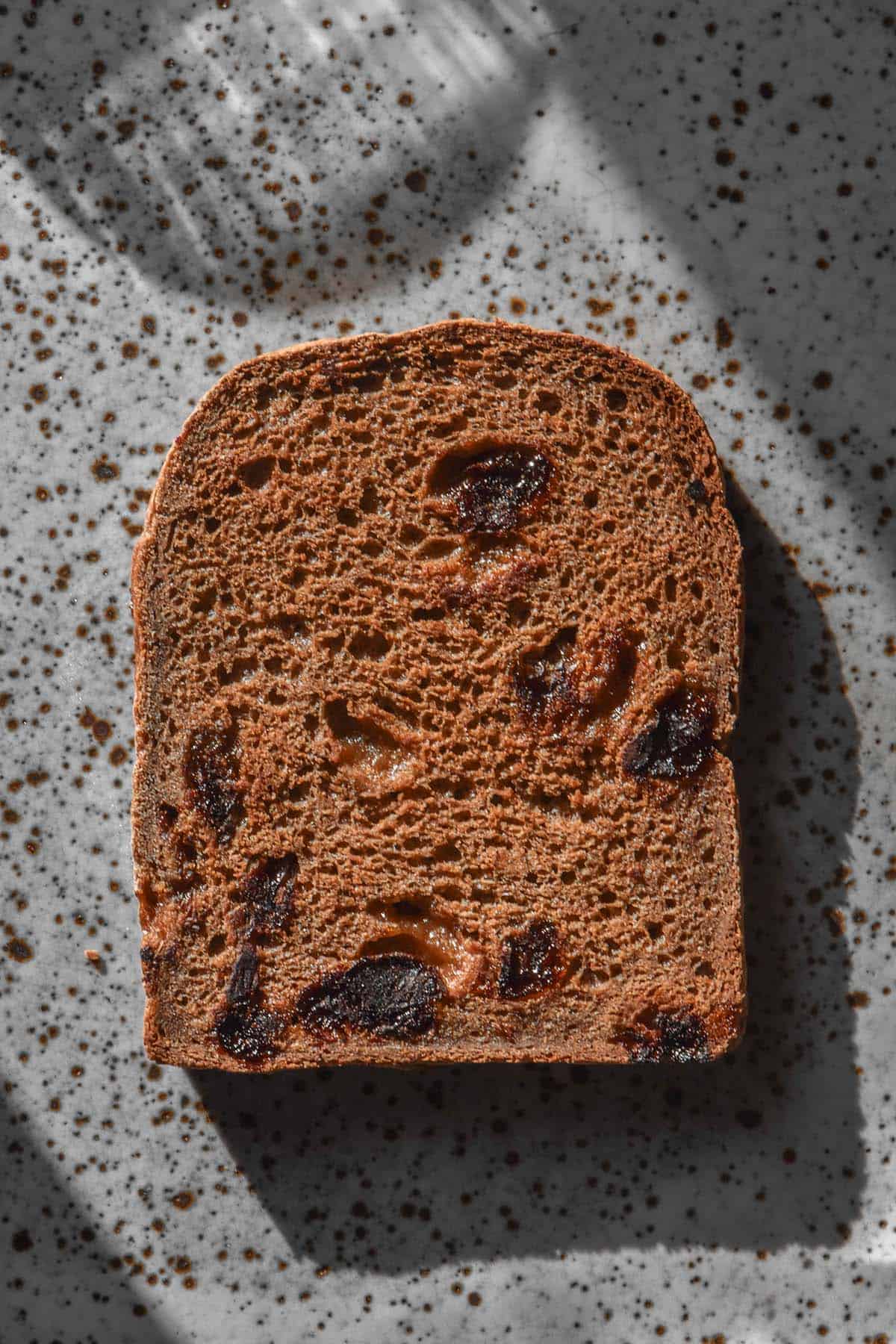 An aerial sunlit image of a slice of gluten free cinnamon raisin toast on a white marble ceramic plate in contrasting sunlight. 