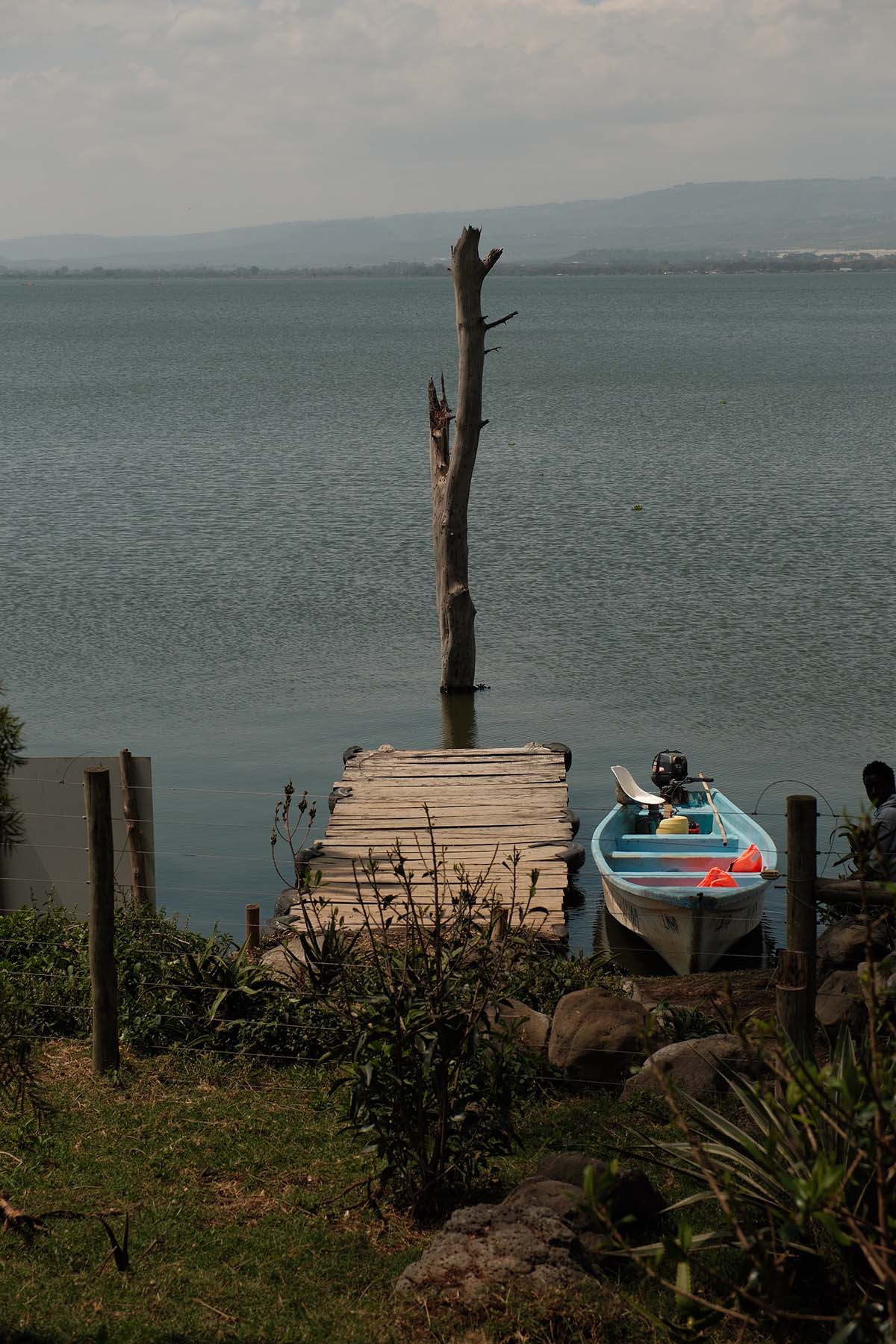An image of a hippo boat docked at the Crescent Island entry dock, Lake Naivasha
