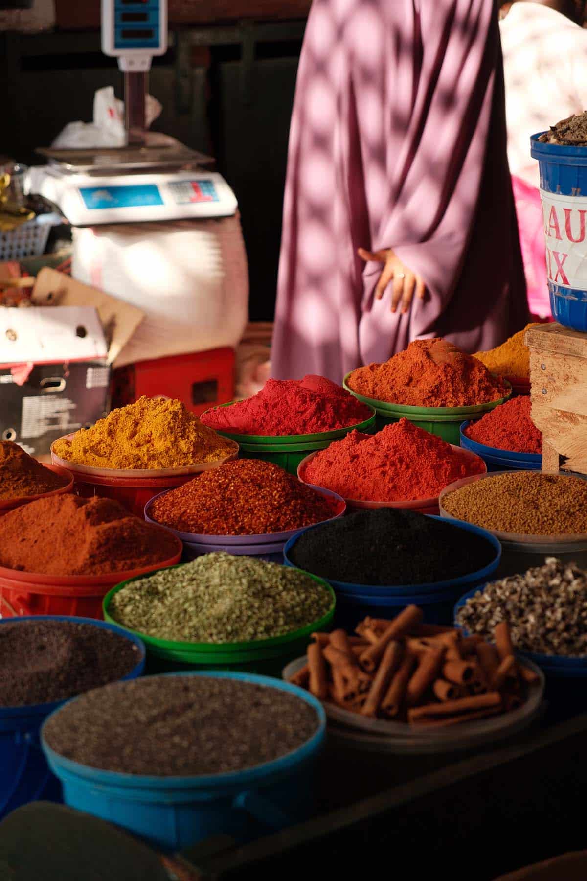 An image of the spices on display at Mombasa spice market