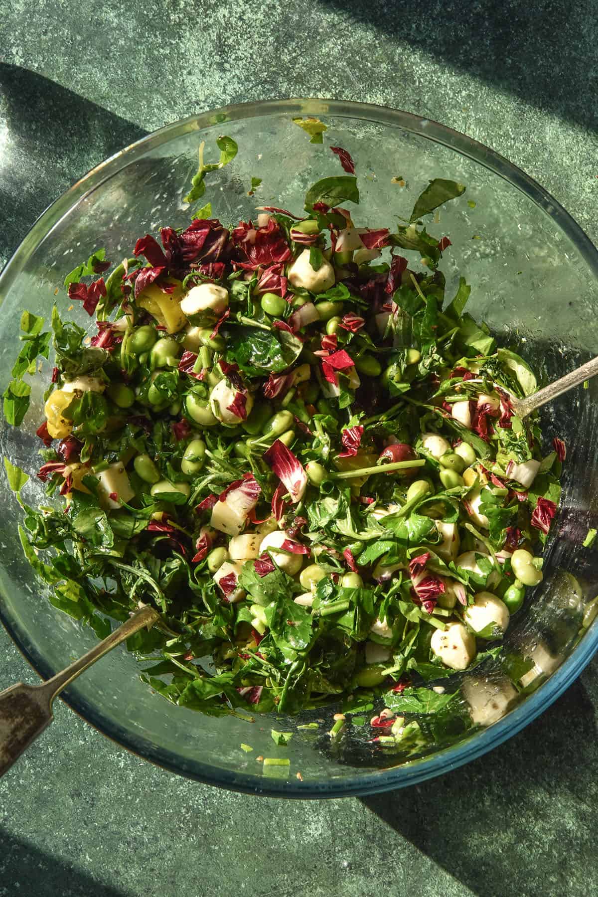 An aerial sunlit image of a low FODMAP dense bean salad in a glass bowl atop a dark green backdrop.