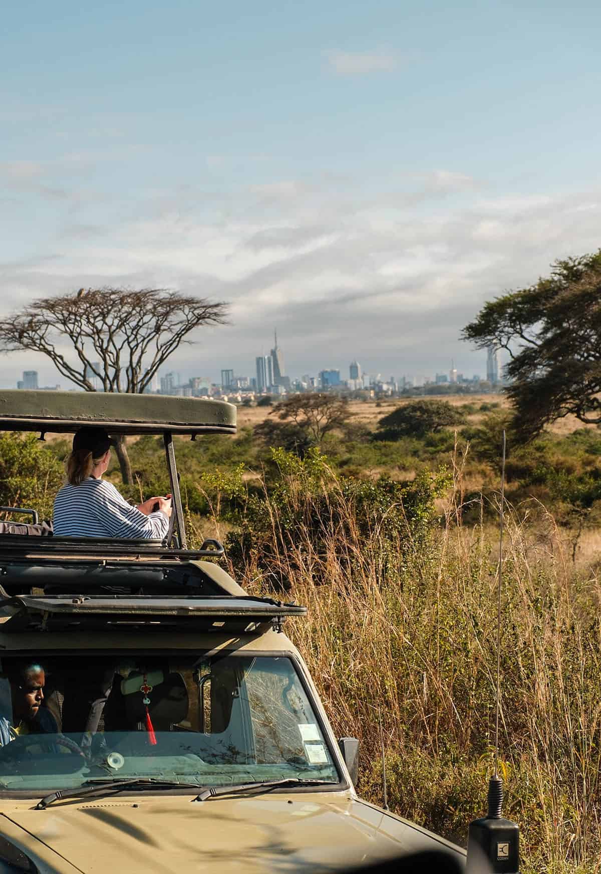 A view of Nairobi National Park on a sunny day with a safari car and the city skyline in the background
