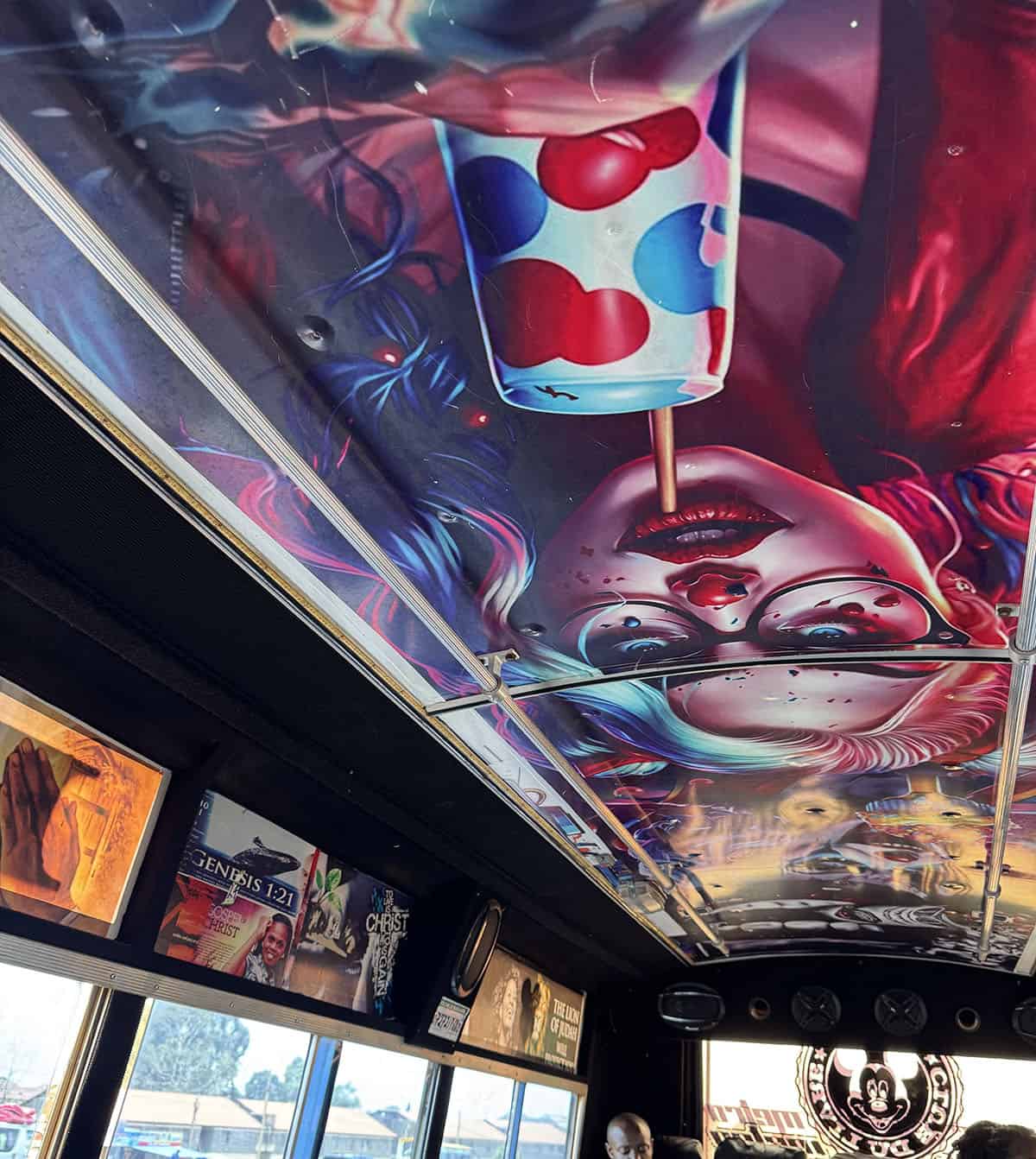 The brightly decorated interior of a matatu in Nairobi, Kenya