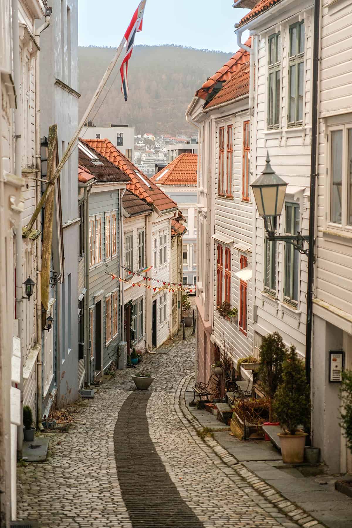 An image of a Knøsesmauet in Bergen, Norway on a sunny day