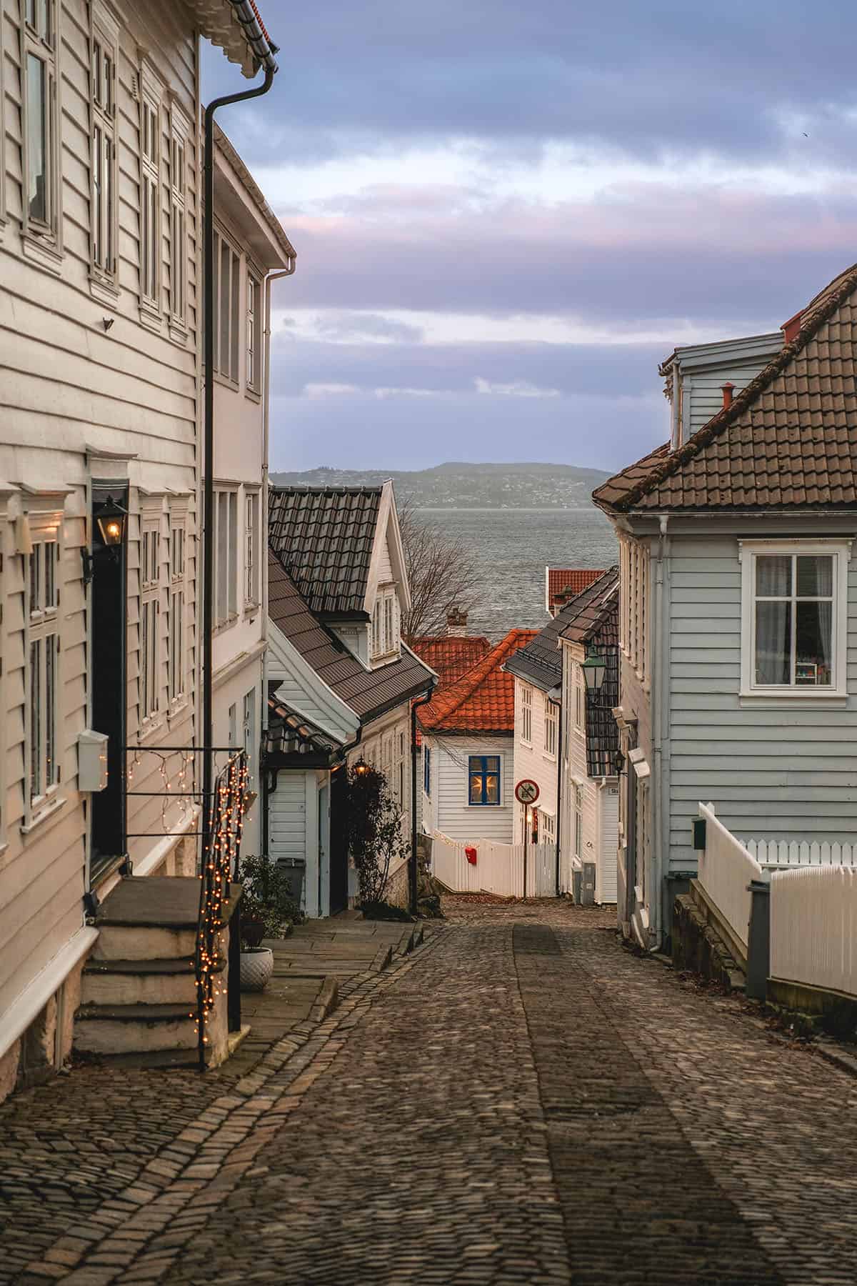 An image of a house lined street overlooking the ocean in Bergen, Norway