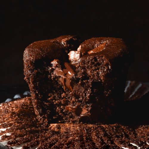 A macro close up image of a chocolate buckwheat muffin sitting atop a muffin liner against a dark backdrop. The muffin has been bitten into, revealing the inner crumb and chocolate chips inside.