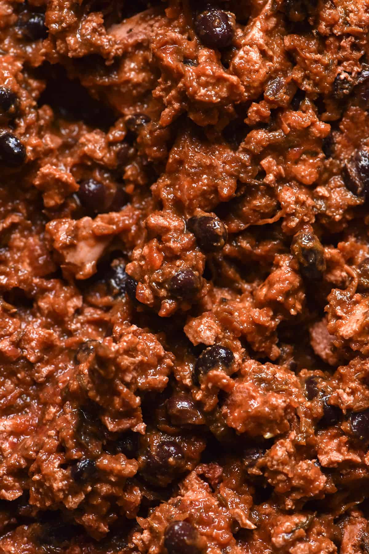 A macro close up image of low FODMAP vegan nomato chilli with tofu and black beans