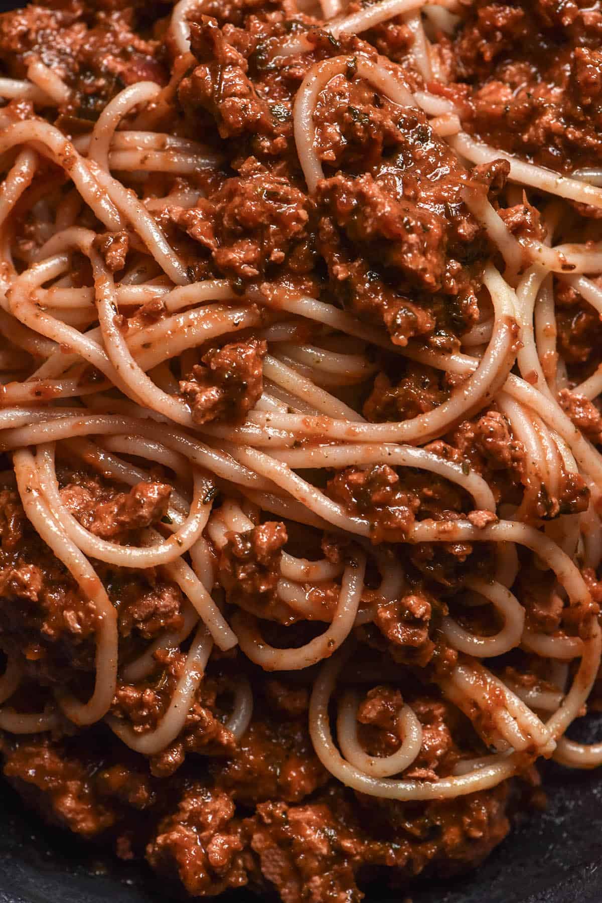 An aerial macro closeup of a bowl of low FODMAP spaghetti bolognese