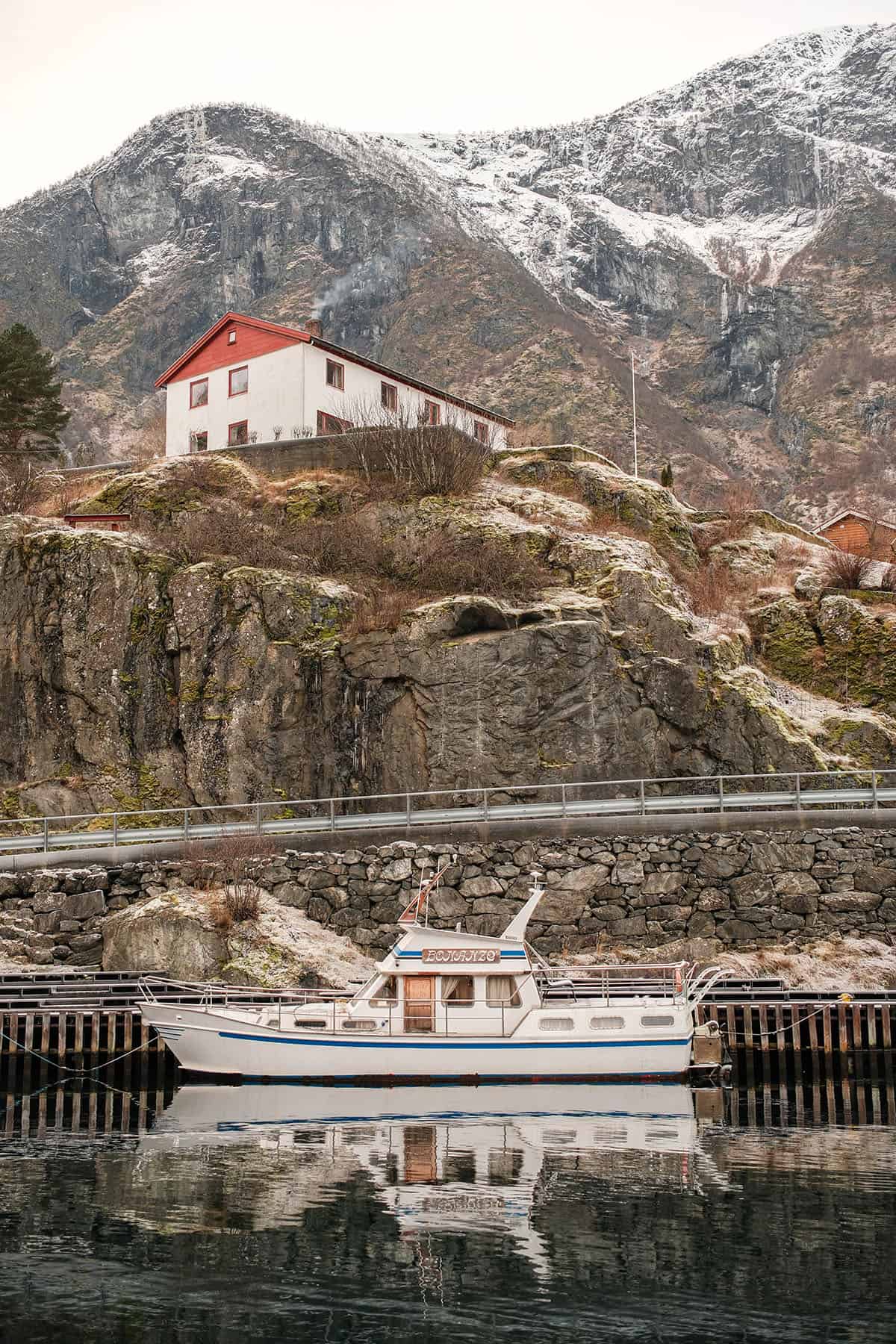 An image taken at Flåm harbour in Norway on a snowy afternoon