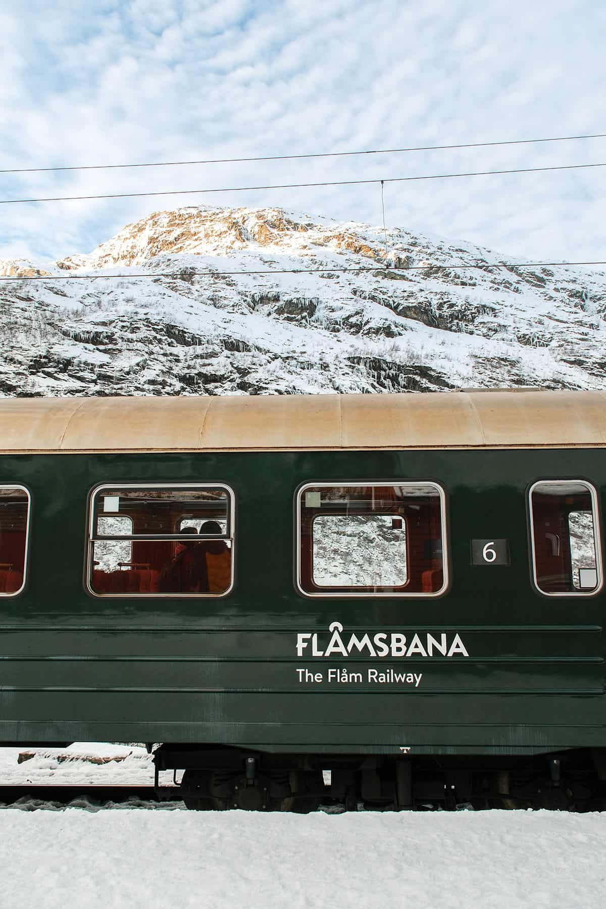 The Flåmsbana train at Myrdal Station on a snowy December day