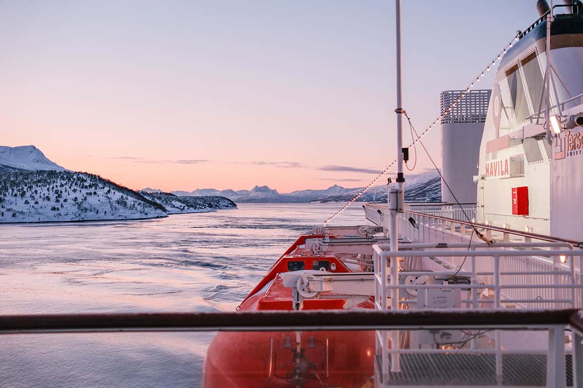 A winter sunset on the Norwegian coast aboard the Havila Polaris
