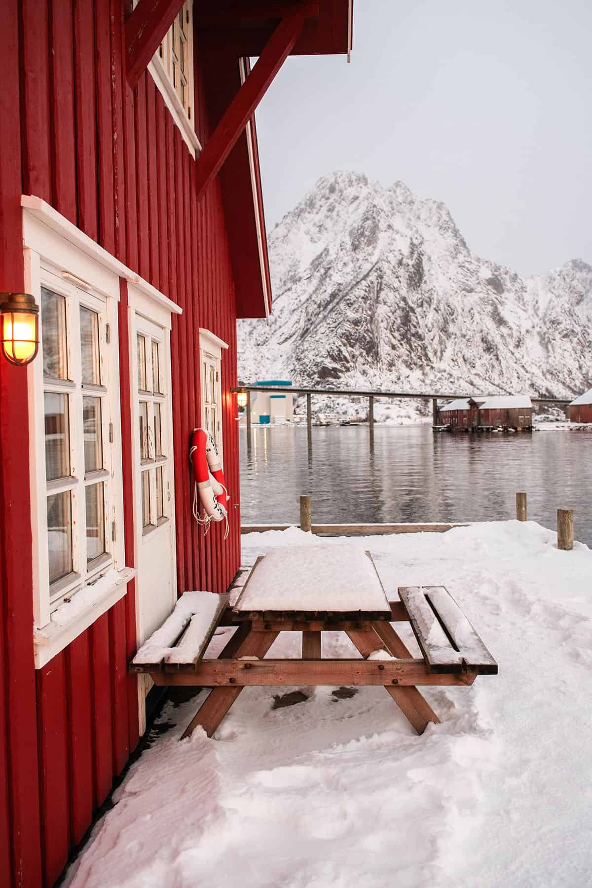 A snowy rorbu in Svolvær Norway
