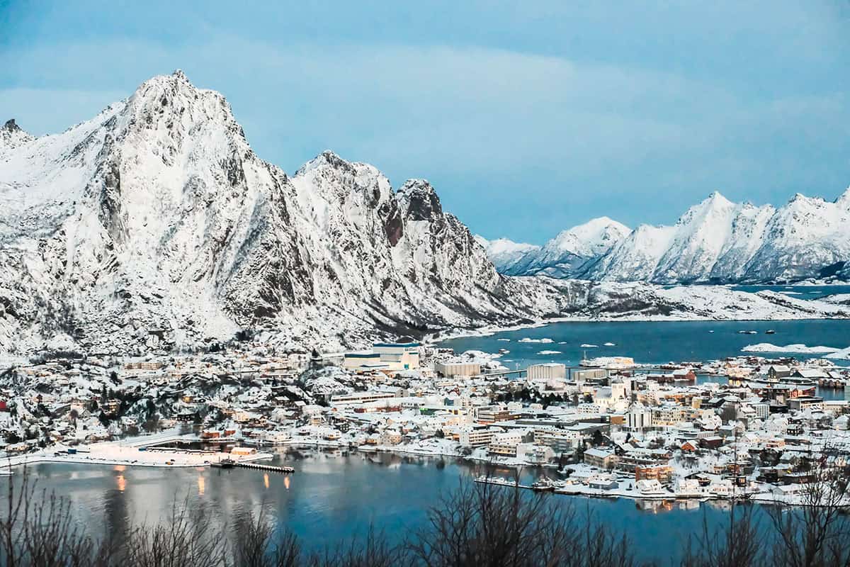 The view of Svolvær from Tjeldbergtinden hike in Norway on a clear winter day